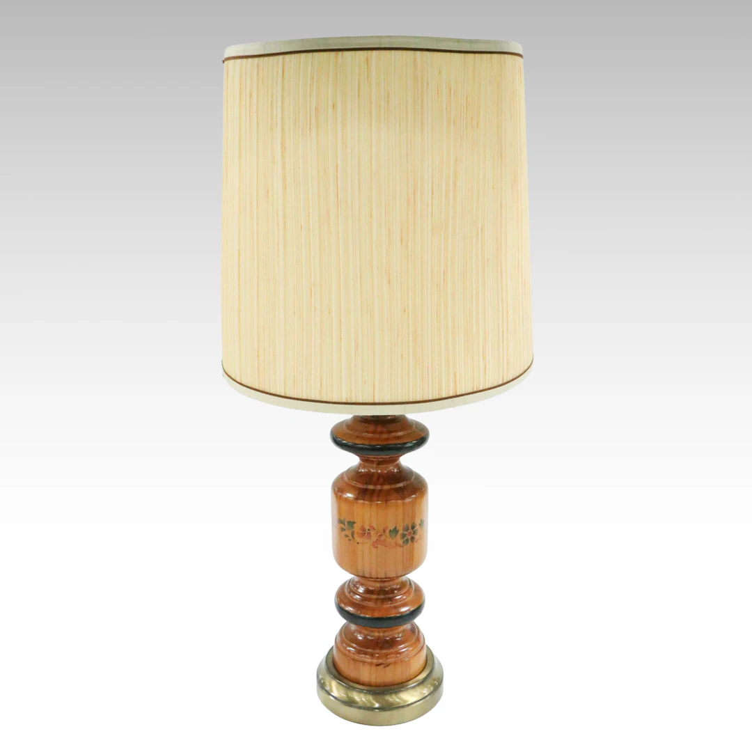 Turned Wood Paint-Decorated Table Lamp, Vintage
