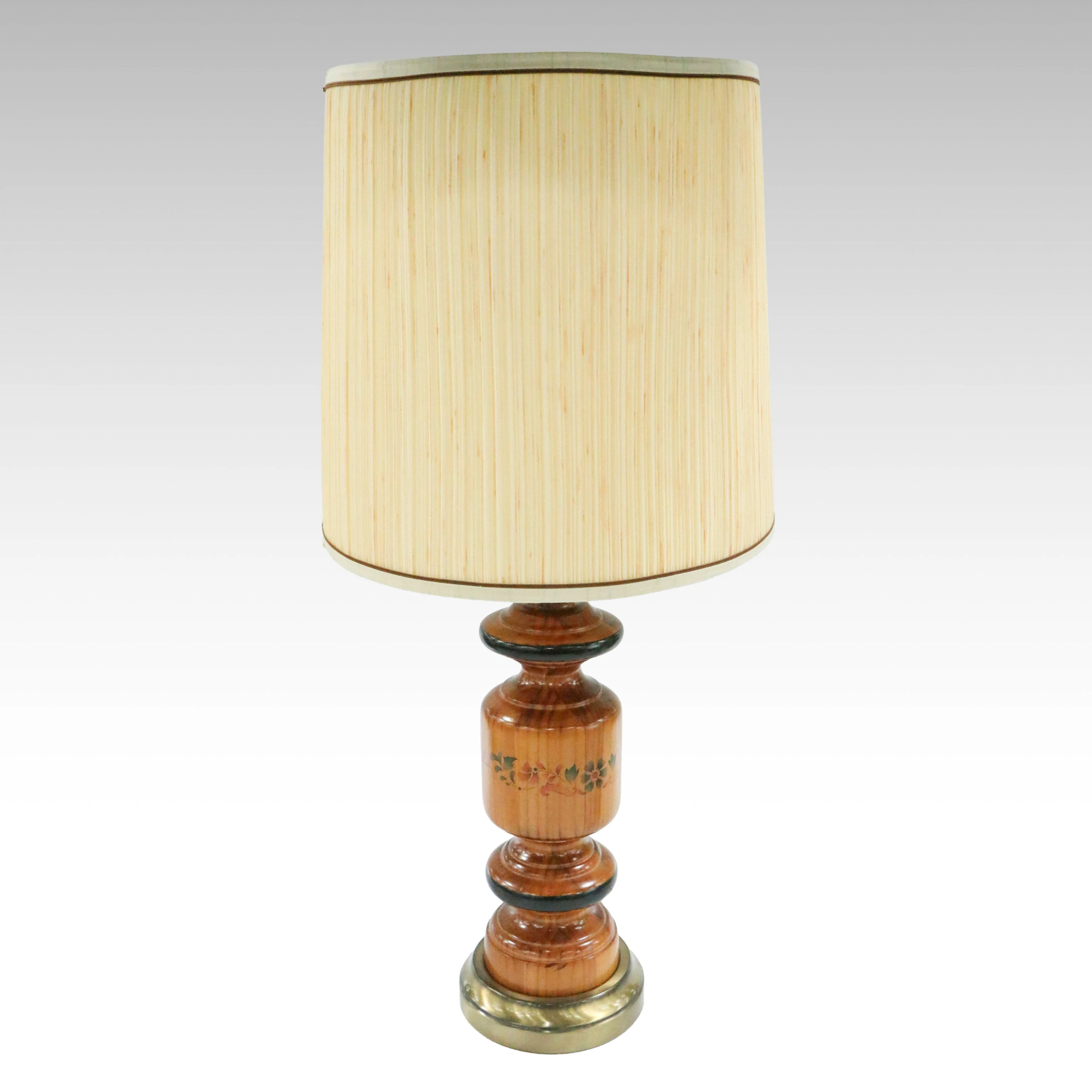 Turned Wood Paint-Decorated Table Lamp, Vintage