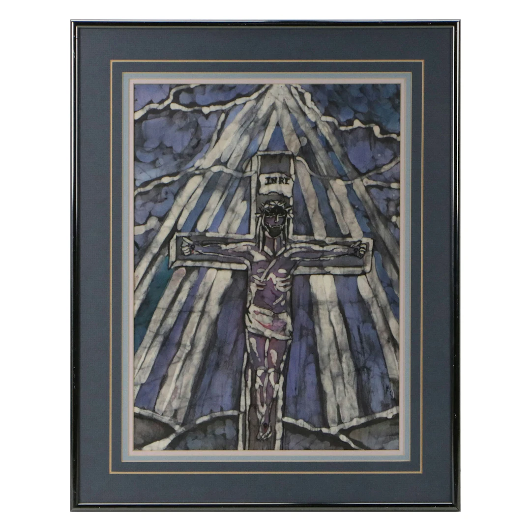 Margie Selna Batik Dyed Textile Panel Depicting Crucifixion Scene