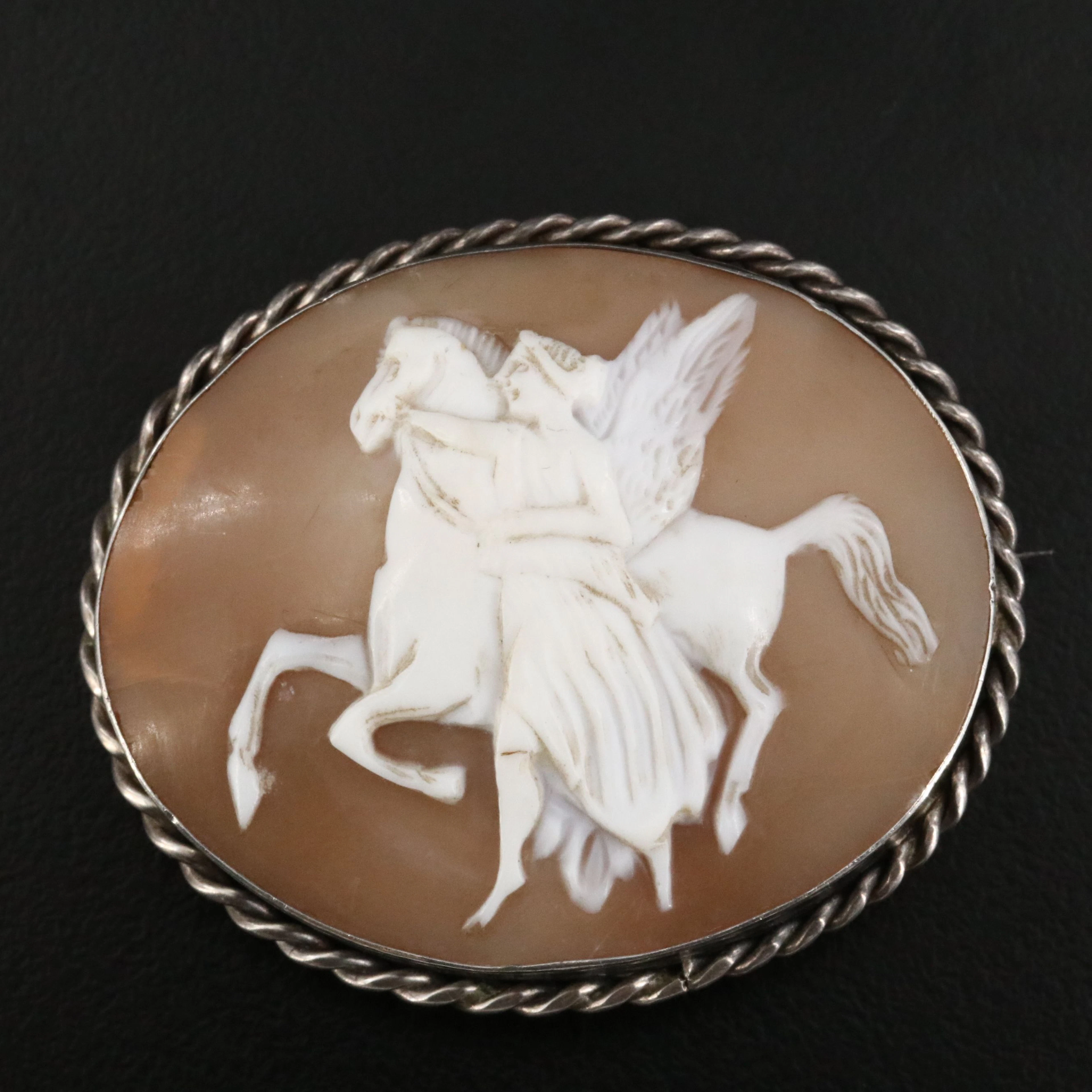 Greco-Roman Revival Sterling Cameo Pegasus & Bellerophon Brooch