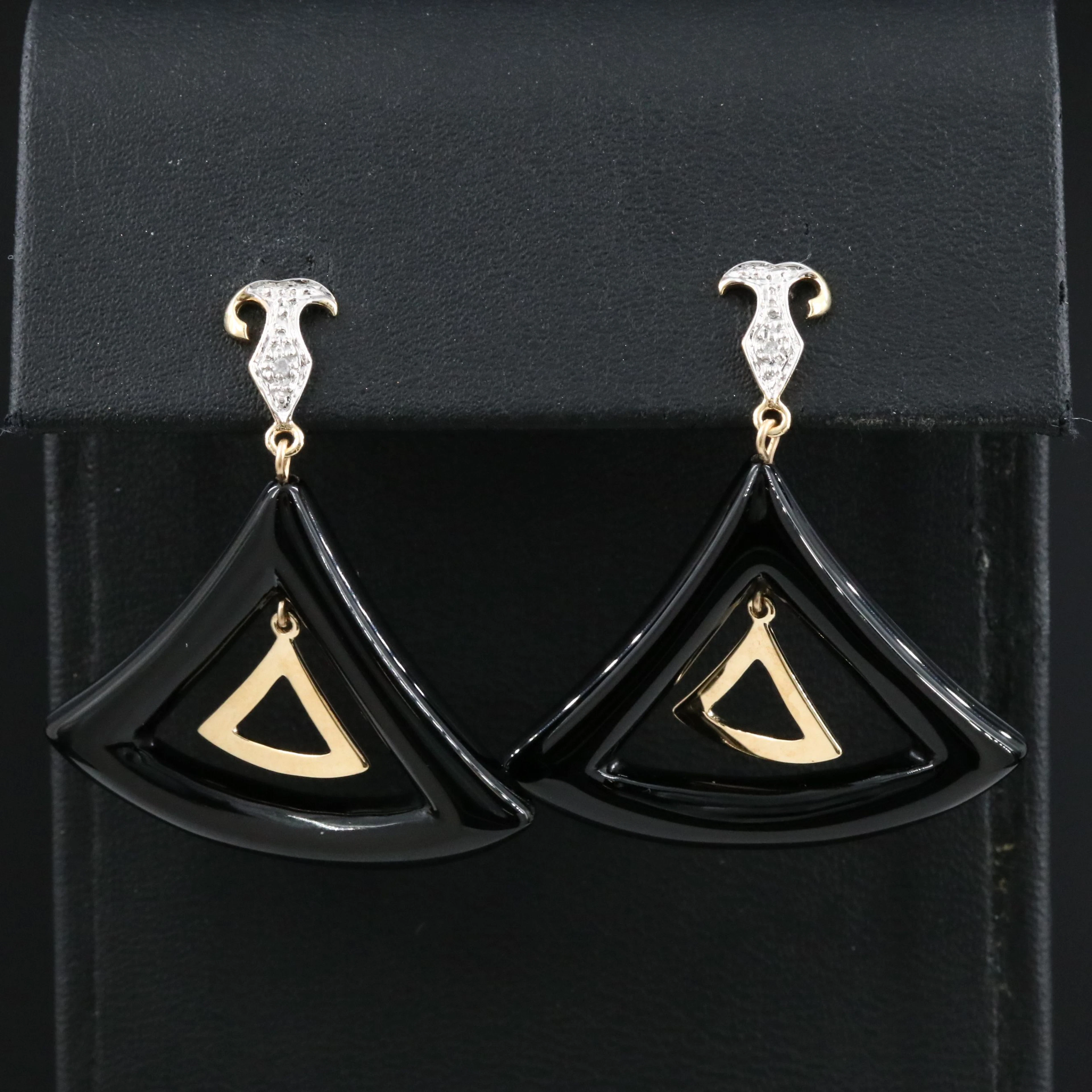 14K Black Onyx and Diamond Triangle Drop Earrings