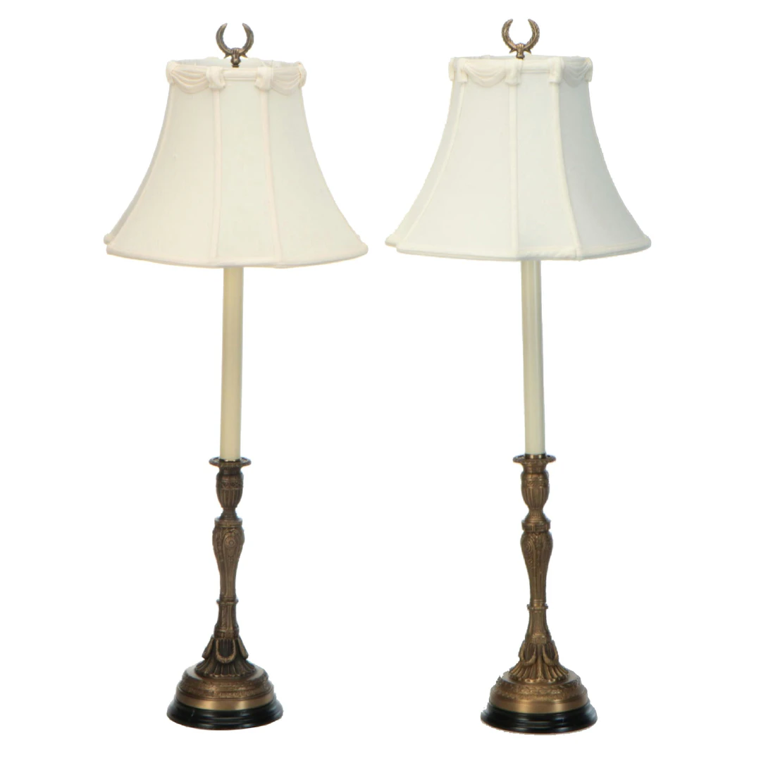 Chelsea House Old Brass Finish Candlestick Console Lamps & Silk Bell Shades