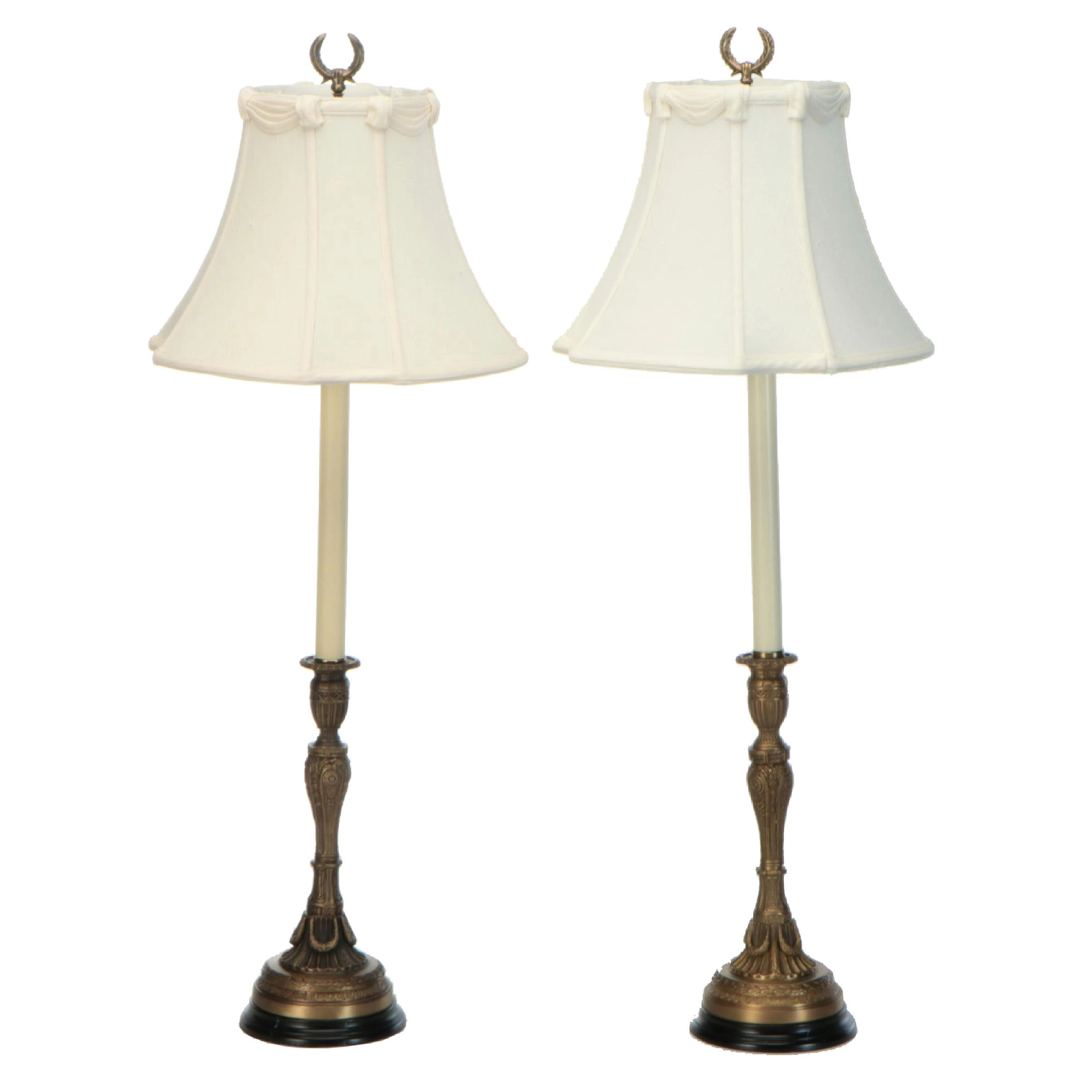 Chelsea House Old Brass Finish Candlestick Console Lamps & Silk Bell Shades