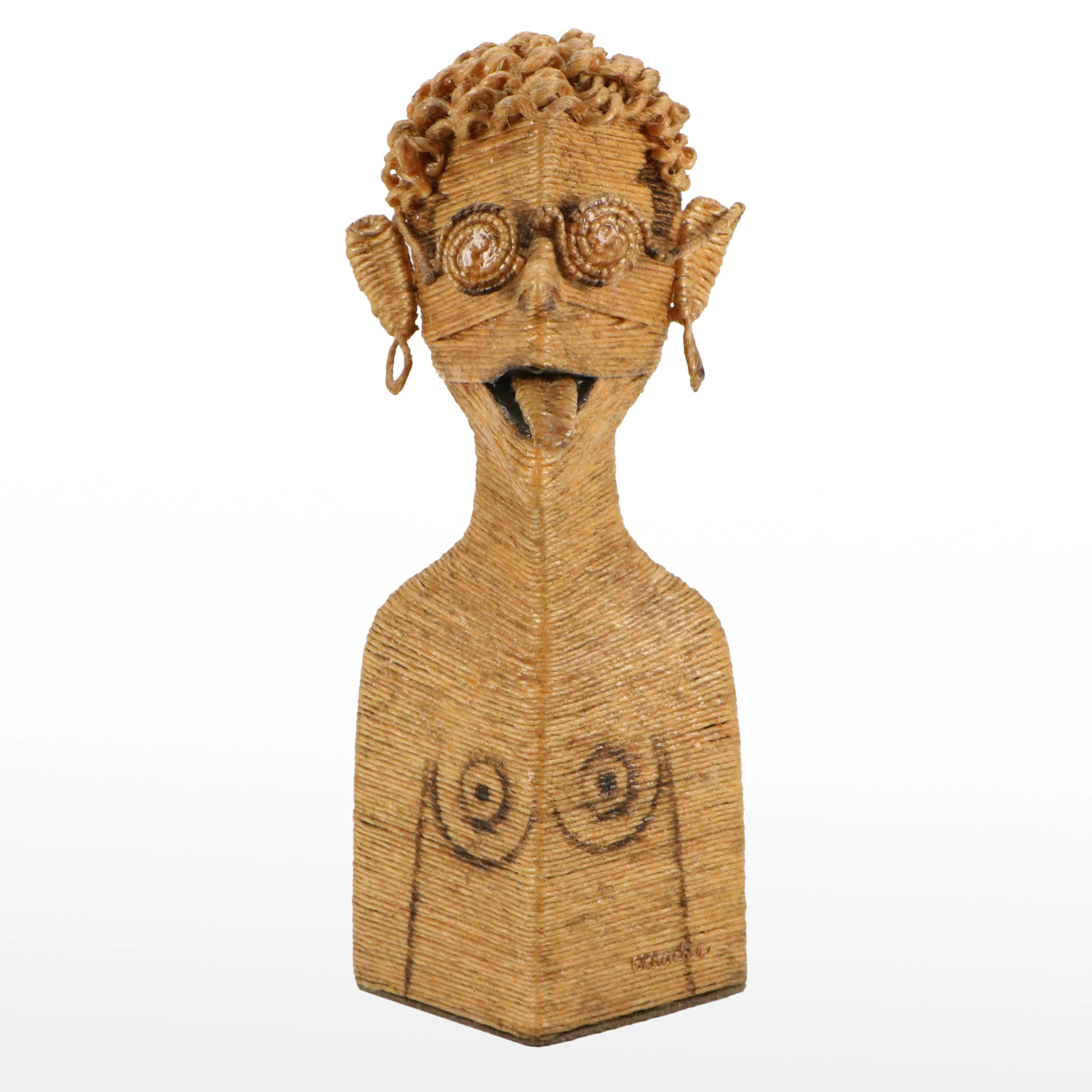 George R. Bucher Wrapped Twine Figural Sculpture with Curly Hair and Glasses