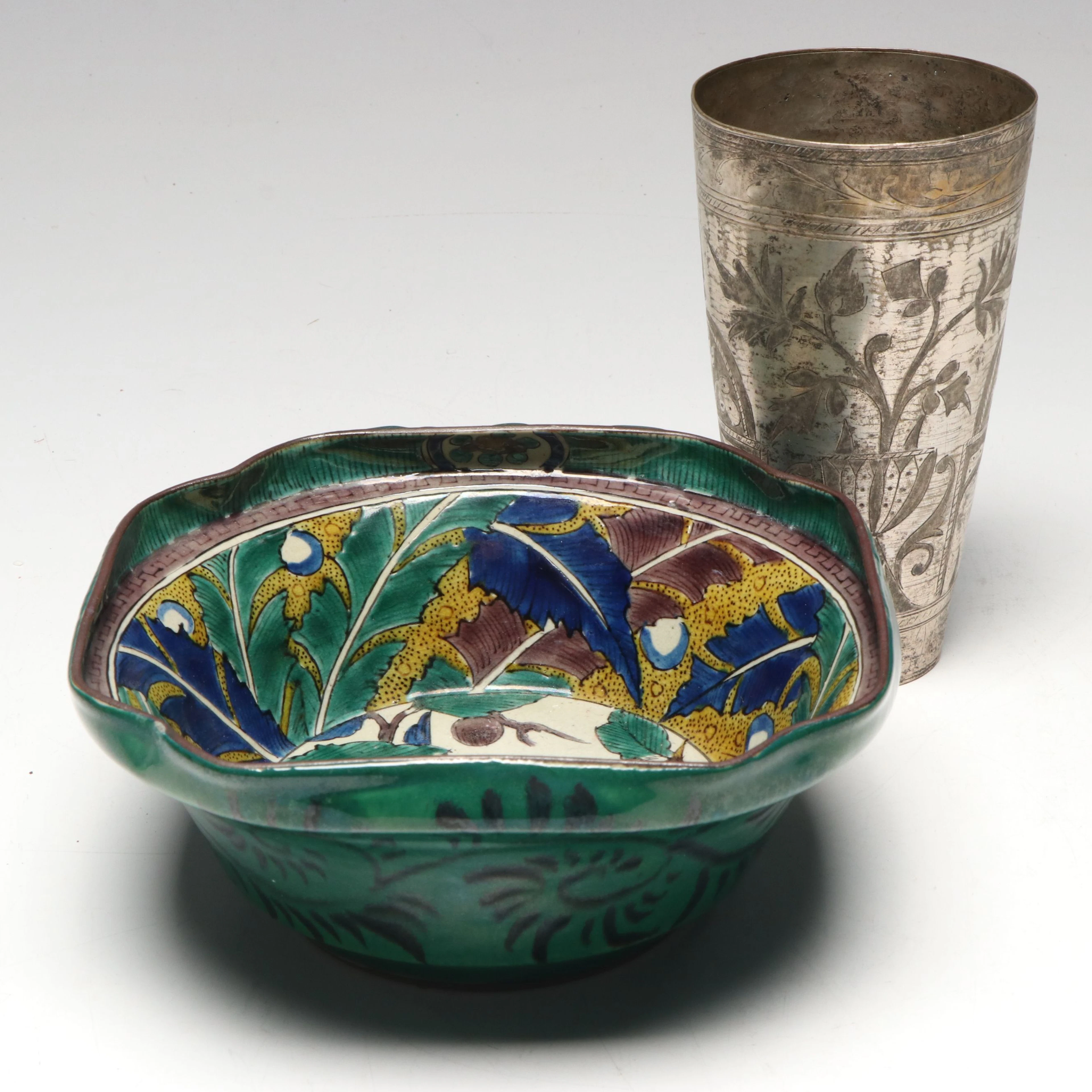 Chinese Multicolored Bird Motif Ceramic Bowl and Ornate Etched Silver