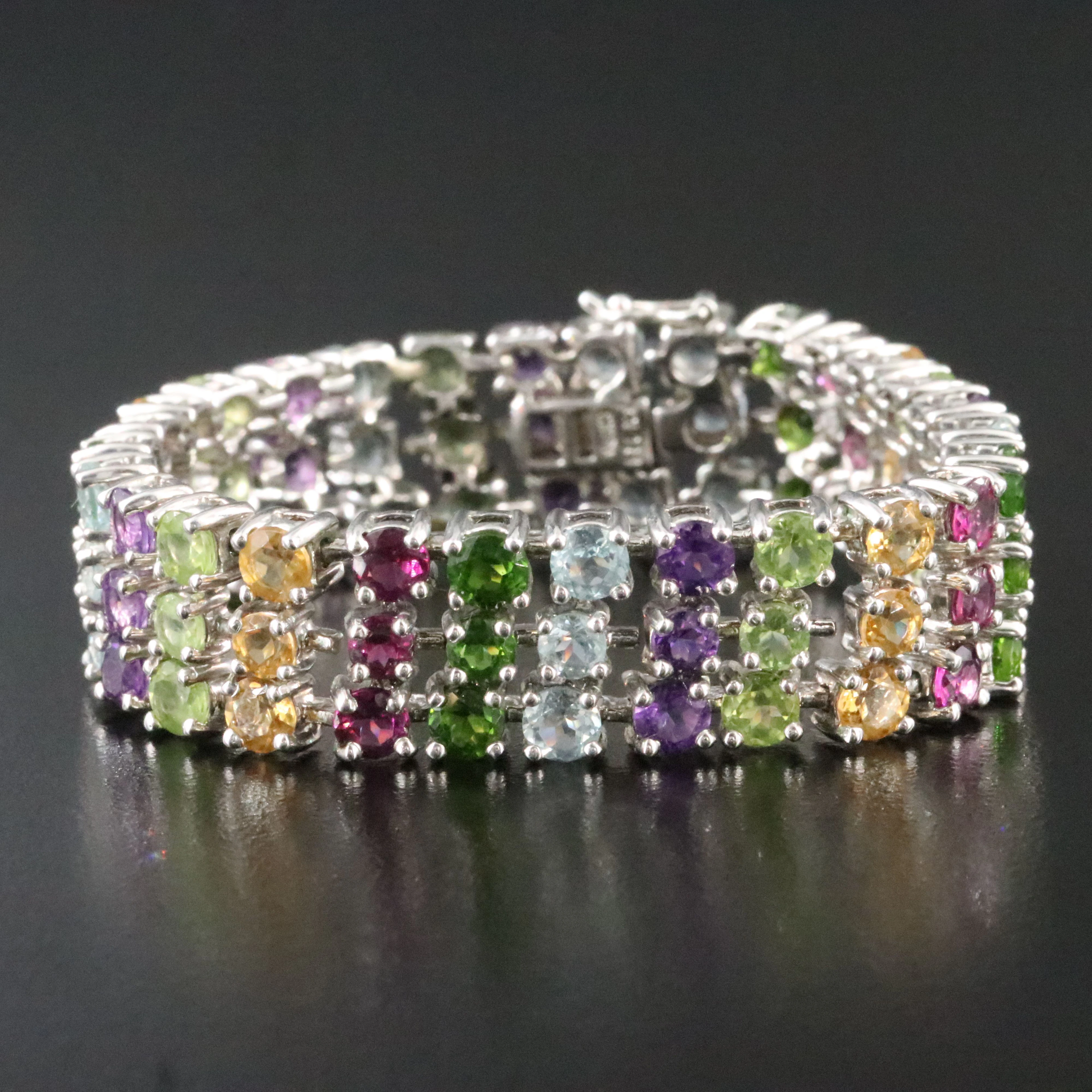Sterling Multicolor Gemstone Three-Row Bracelet