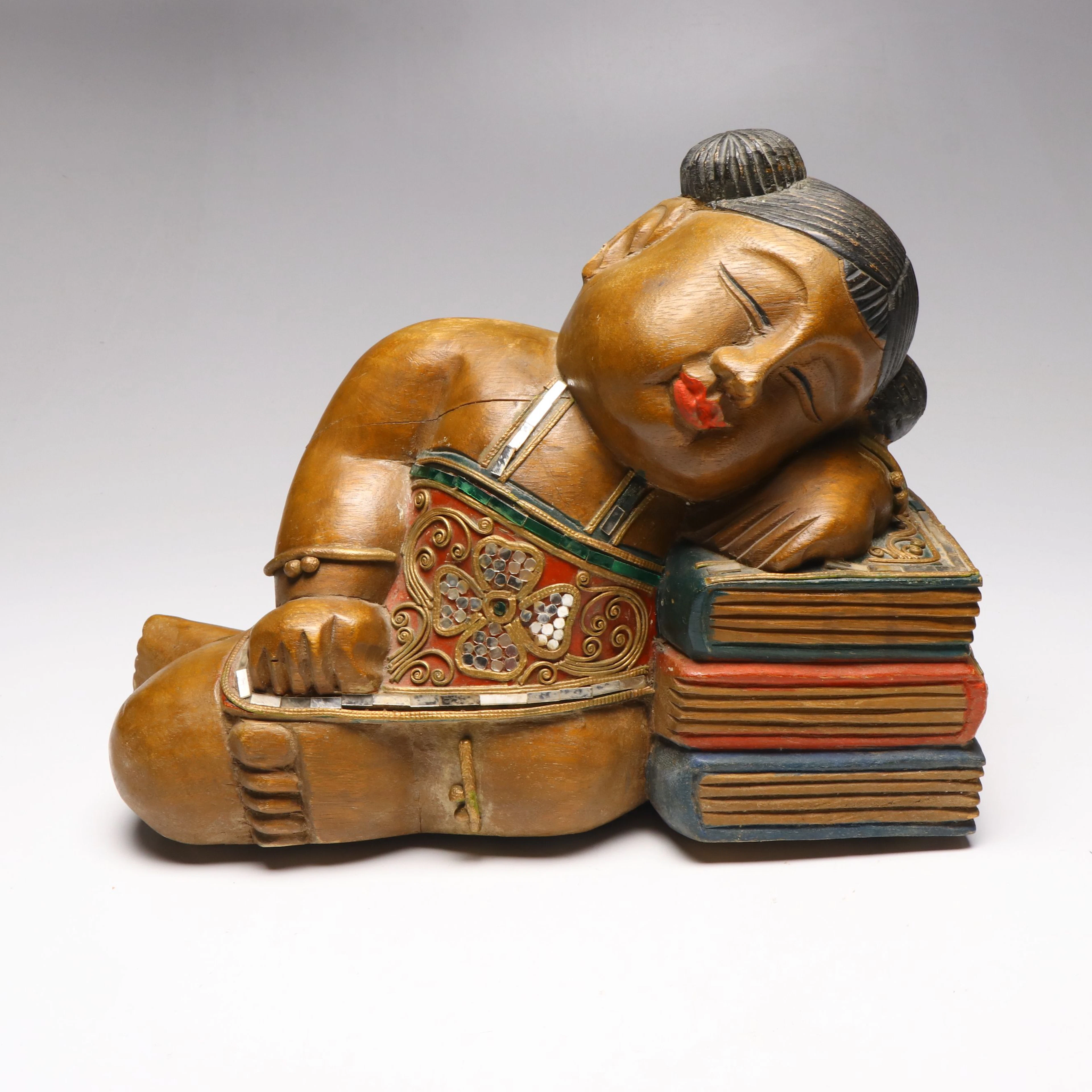 Hand-Carved Asian Folk Art Style Wooden Figurative Bookend