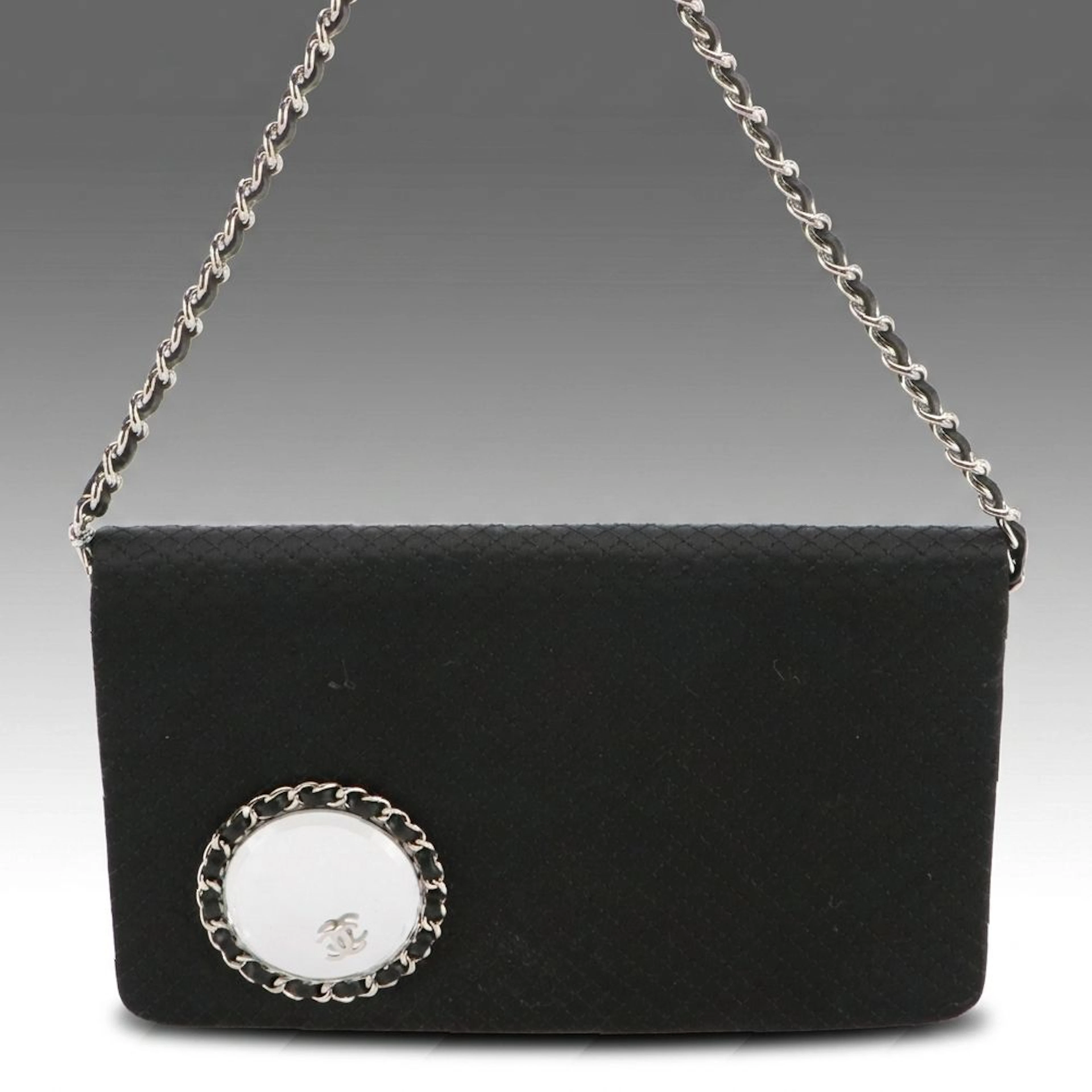 Chanel Quilted Black Satin CC Vanity Mirror Evening Clutch with Interwoven