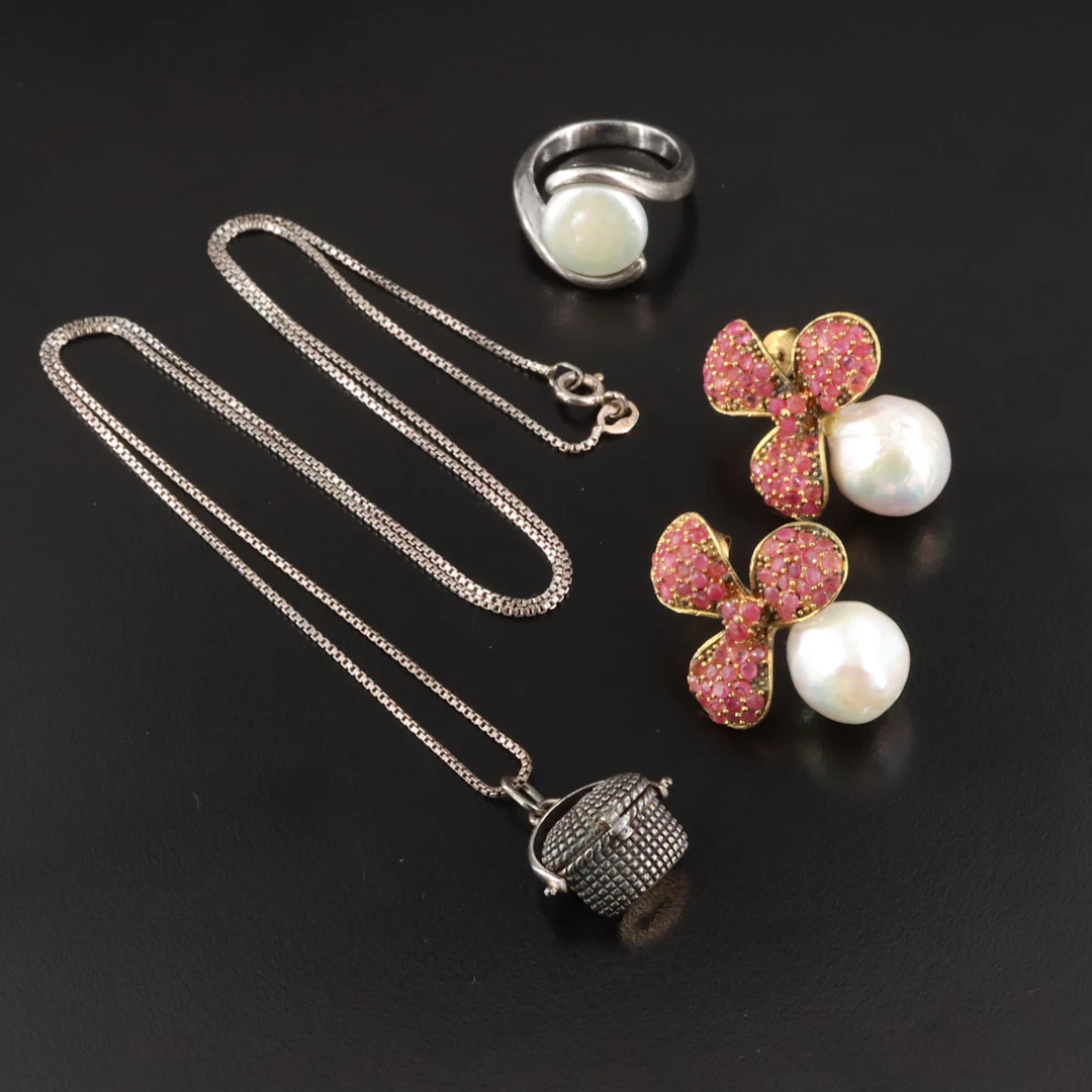 Sterling Ring, Earrings and Basket Necklace Featuring Pearl and Ruby