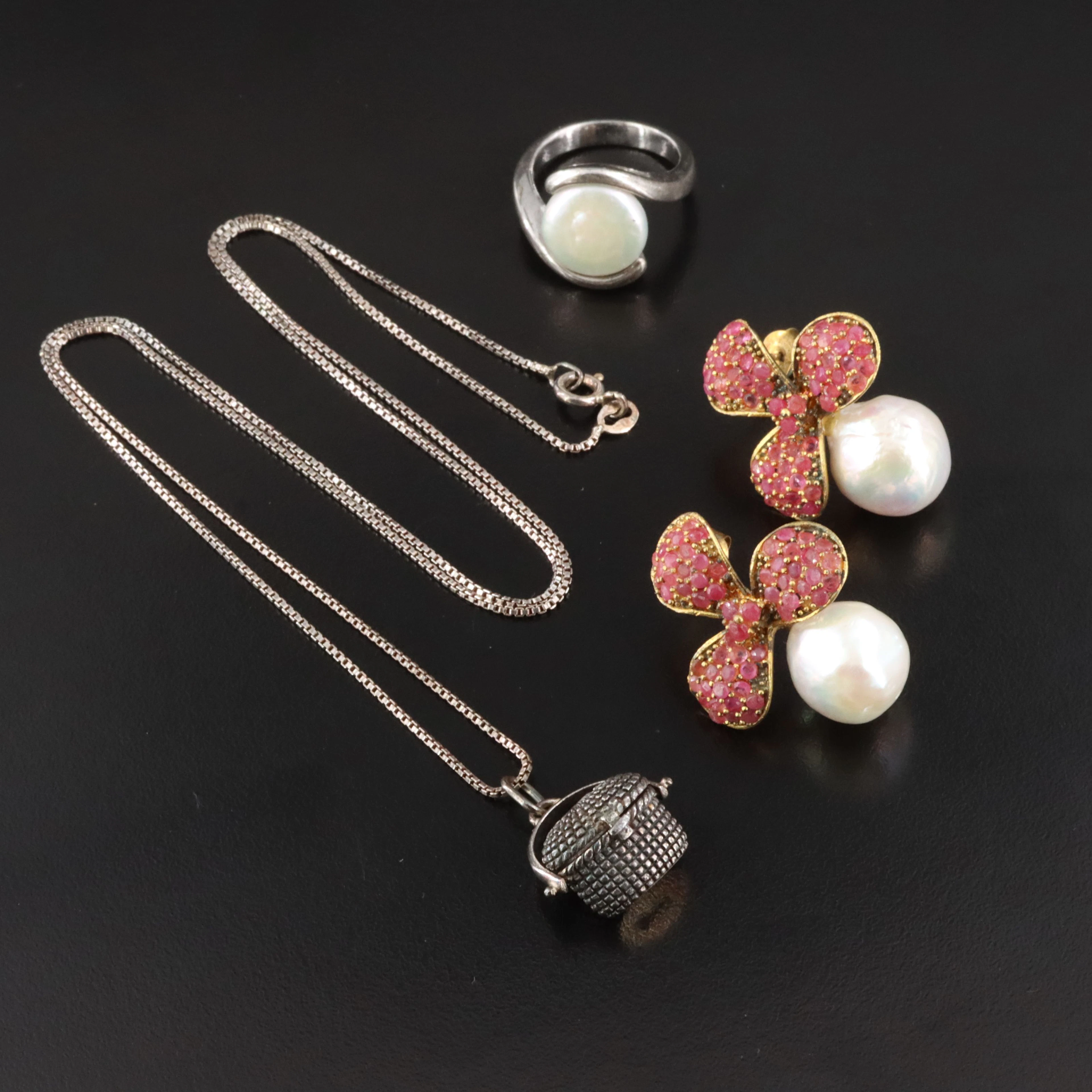 Sterling Ring, Earrings and Basket Necklace Featuring Pearl and Ruby