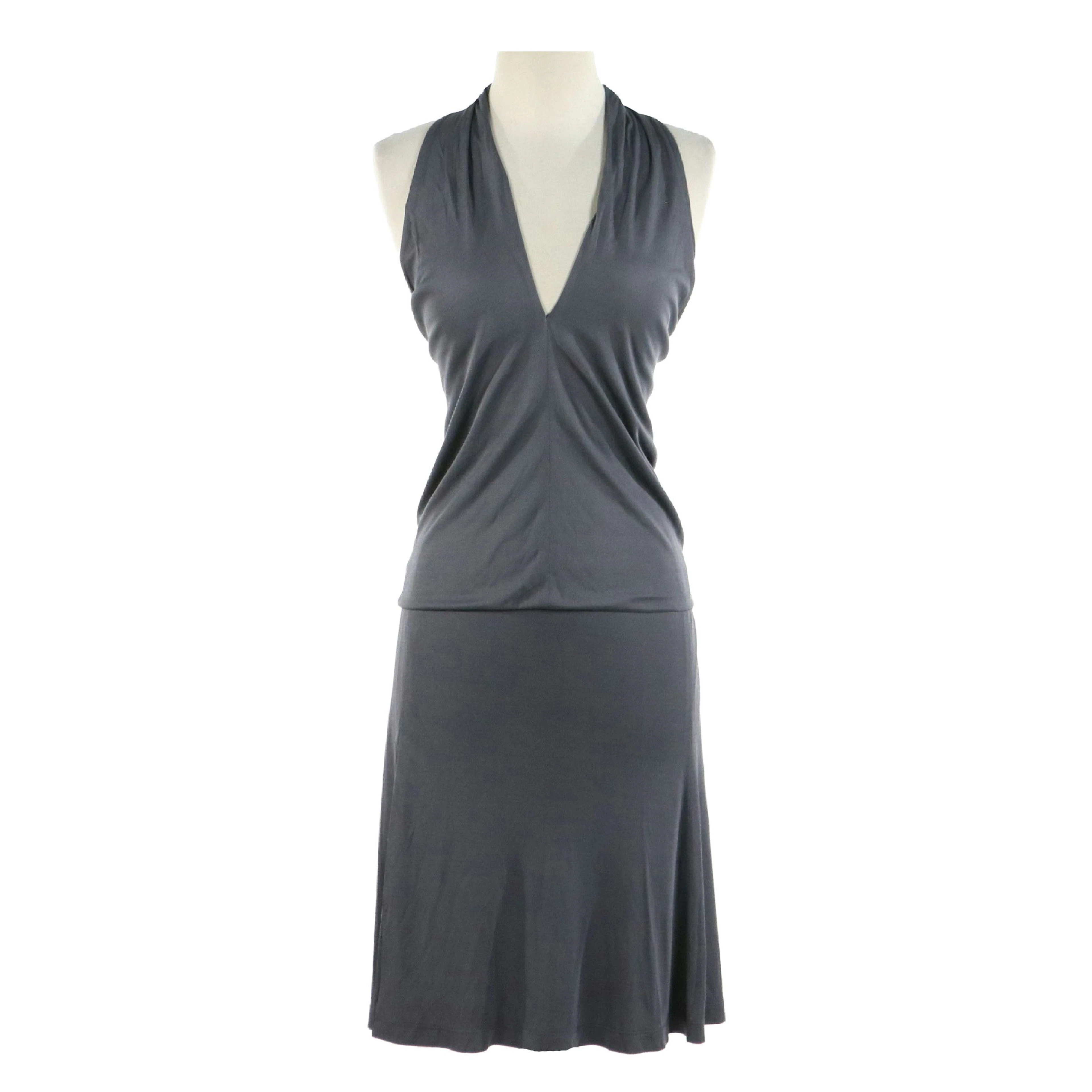 Lida Baday Halter Top and Front Slit Skirt Set in Grey Silk Blend