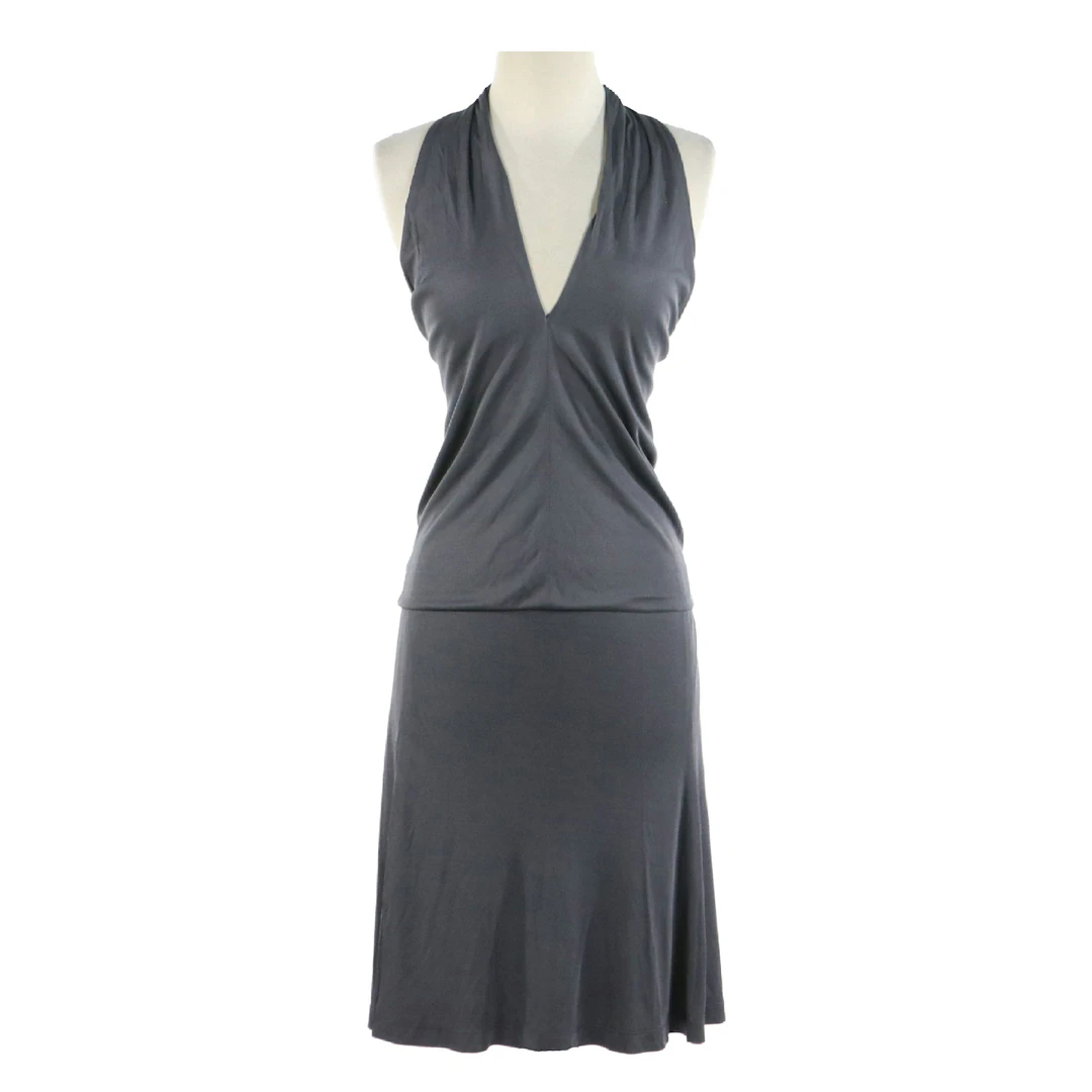 Lida Baday Halter Top and Front Slit Skirt Set in Grey Silk Blend