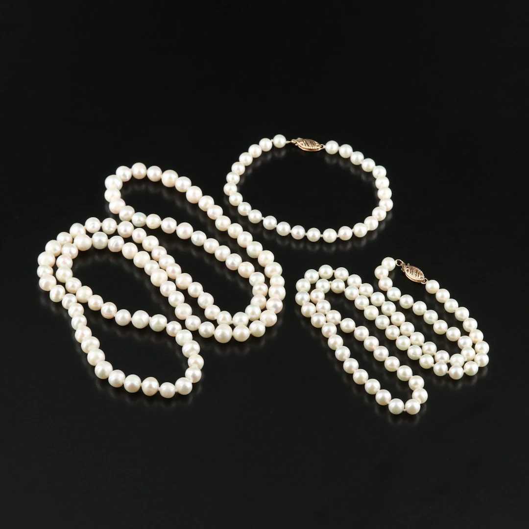 Pearl Necklaces and Bracelet with 14K Clasp