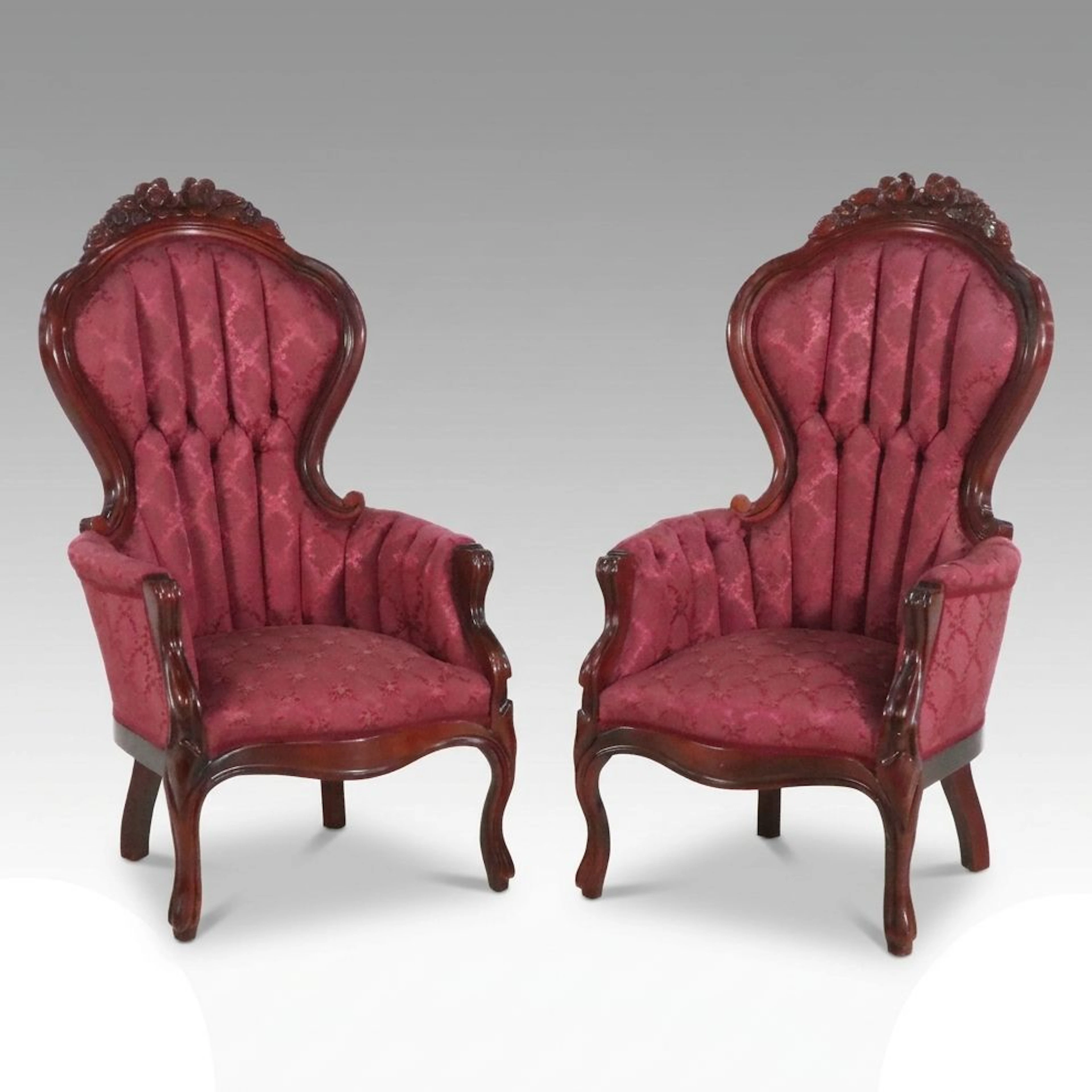 Pair of Kimball Rococo Revival Style Button-Tufted Armchairs, Mid