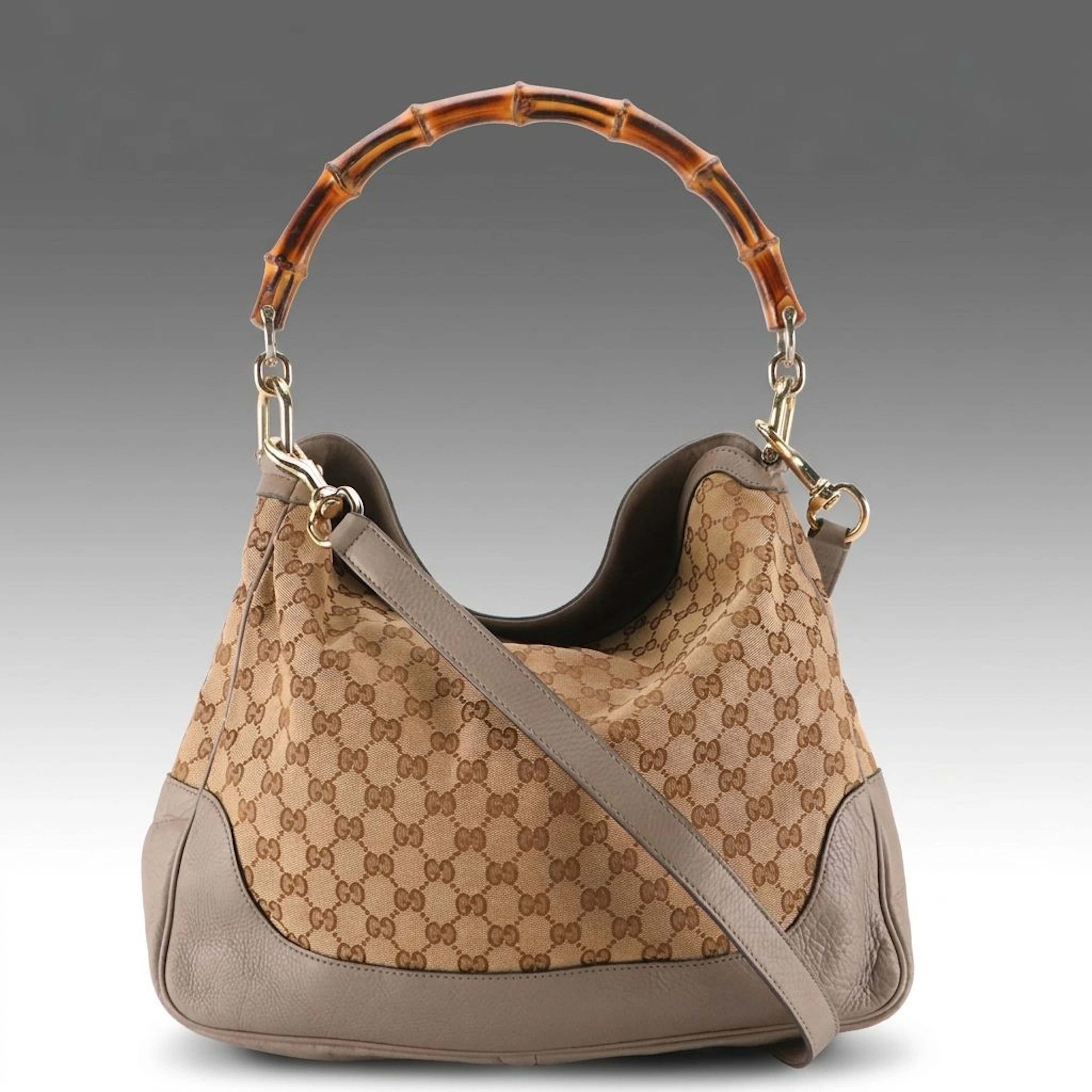 Gucci Bamboo GG Jacquard Canvas and Grained Leather Two-Way Bag