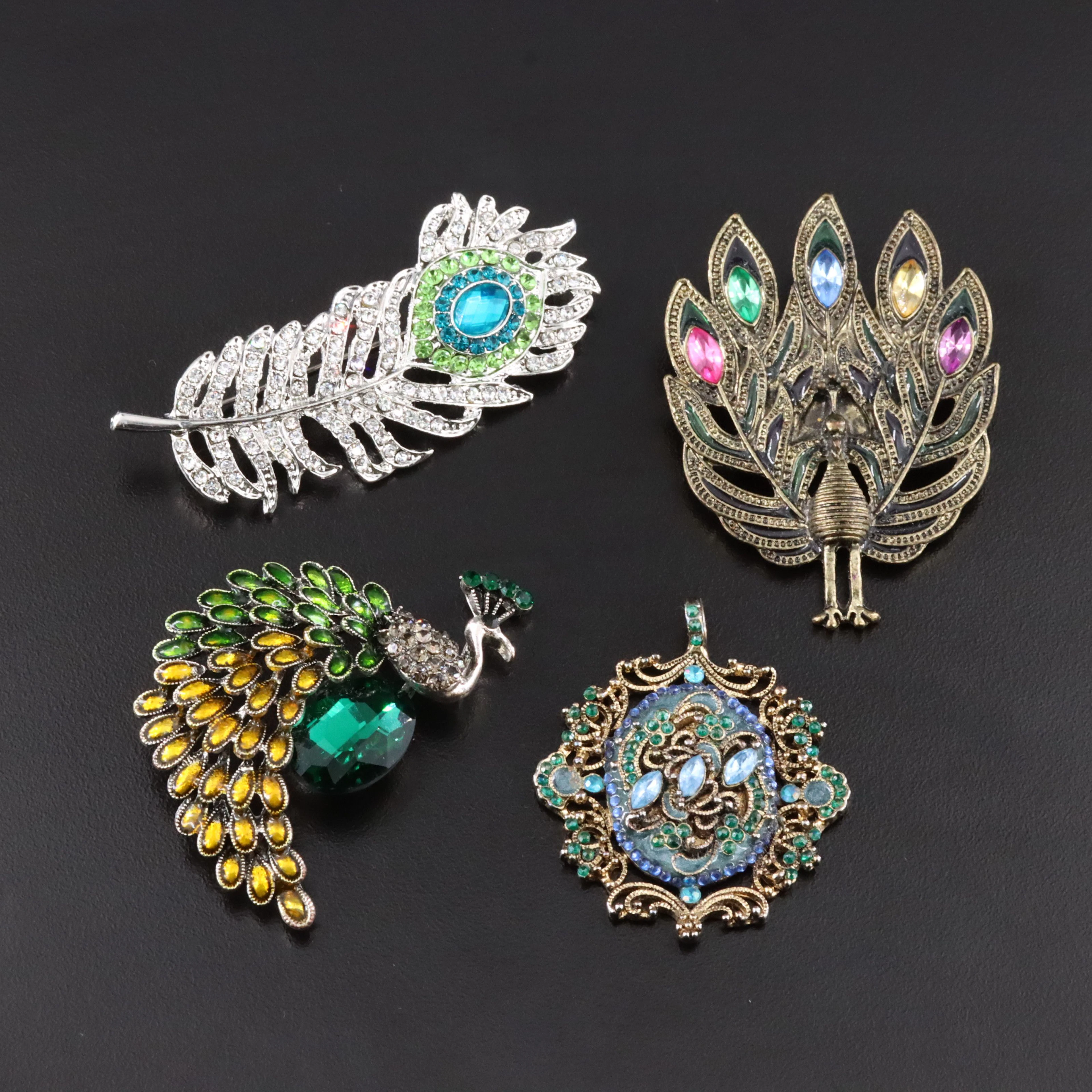 Peacock Themed Rhinestone Brooches and Pendants