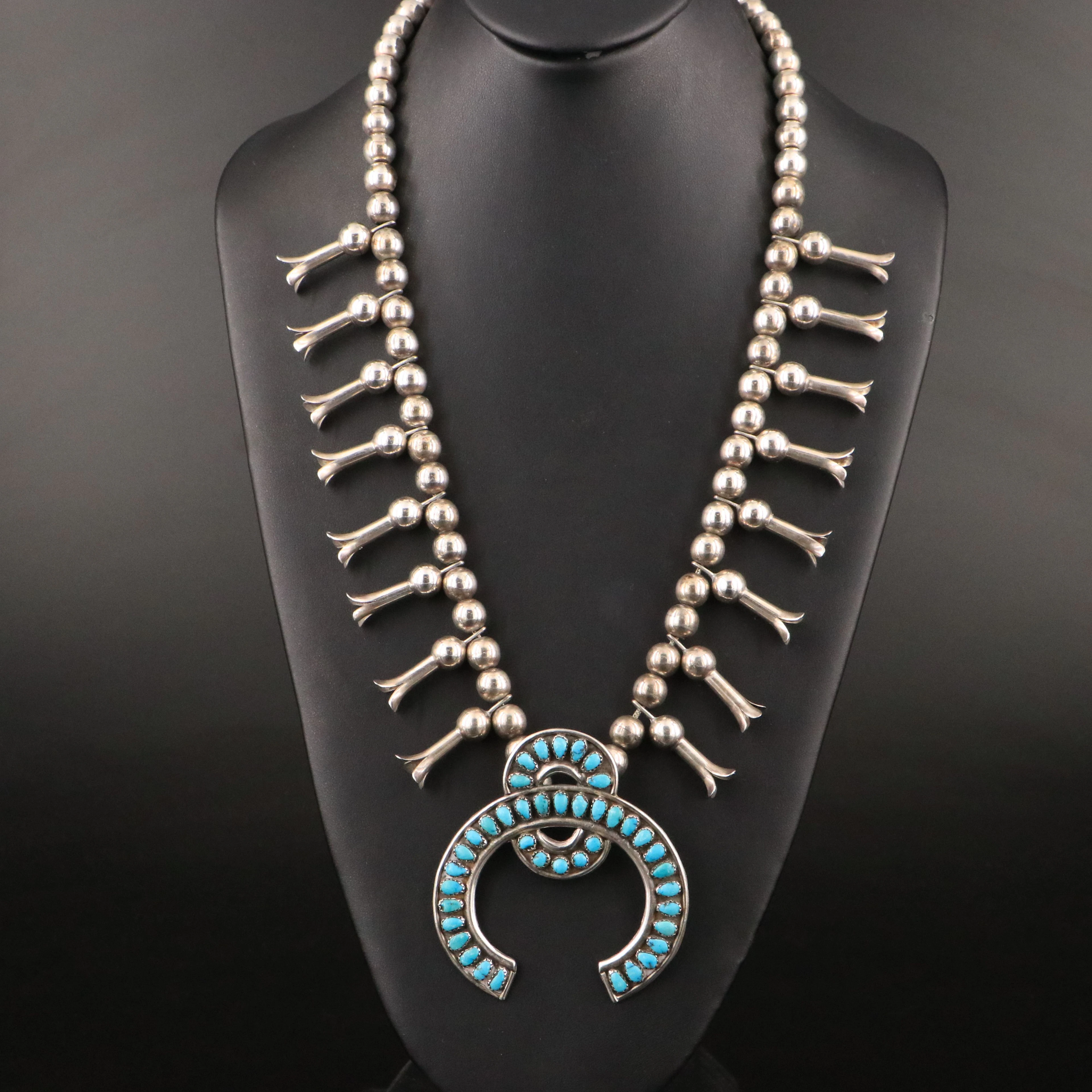 Southwestern Sterling Turquoise Squash Blossom Necklace