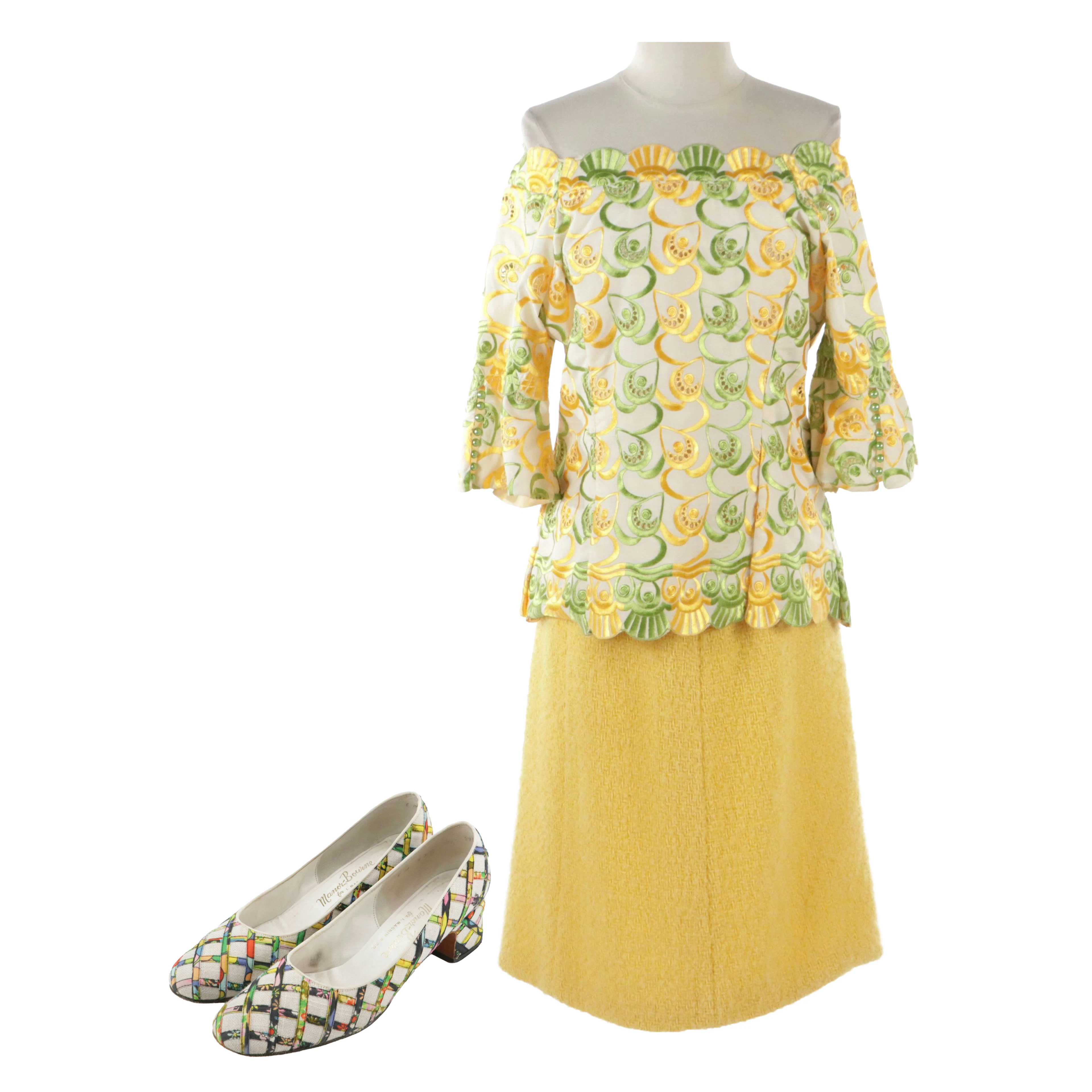Green/Yellow Embroidered Off-The-Shoulder Top, Yellow Wool Pencil Skirt & Heels