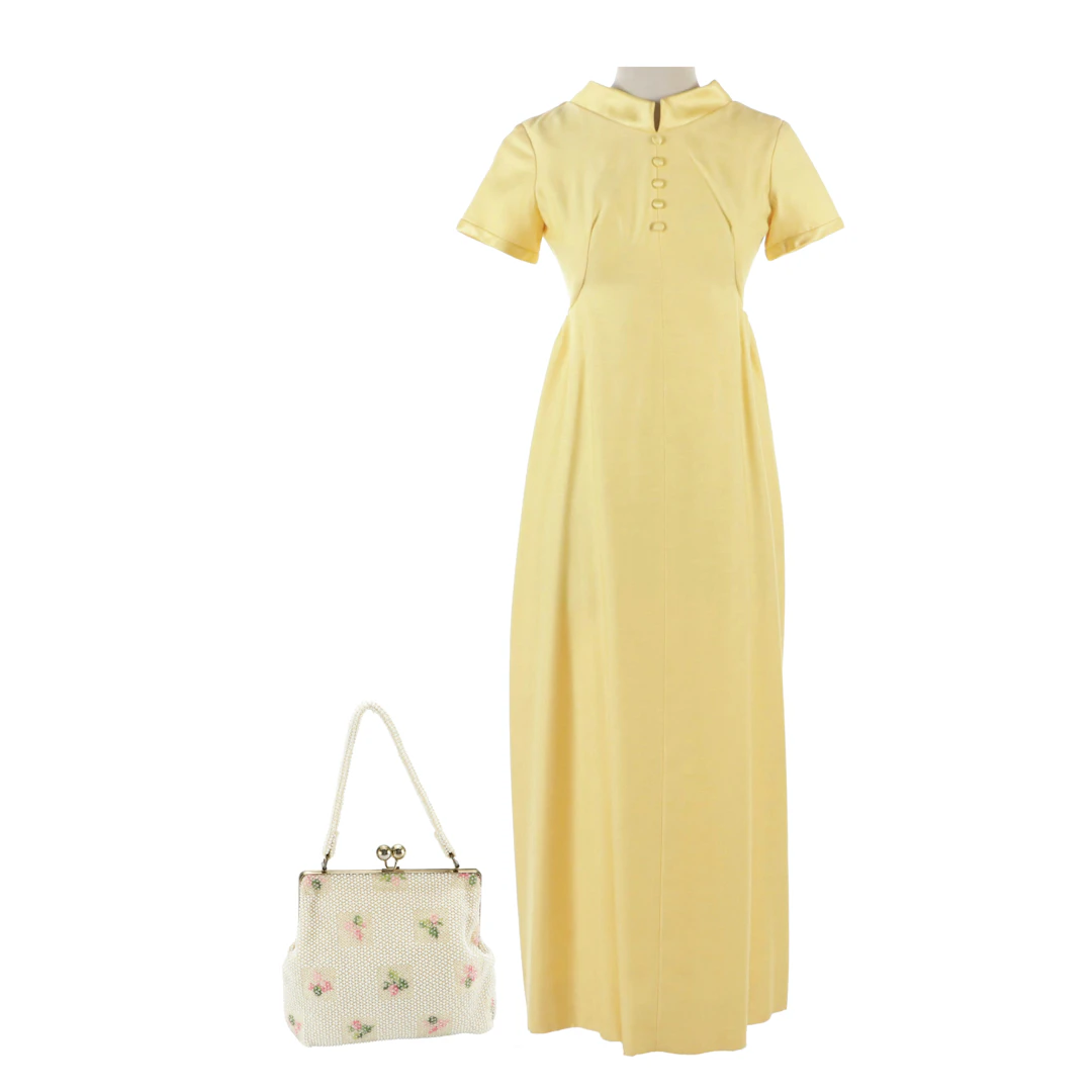 Vintage Emma Domb Butter Yellow Maxi Evening Dress & Other Beaded/Floral