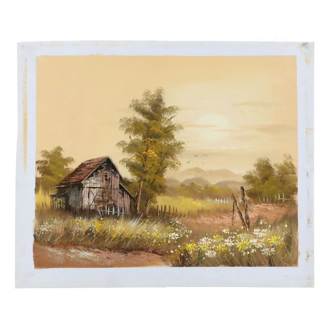 Oil Painting of Rural Landscape with Dilapidated Barn, 20th Century