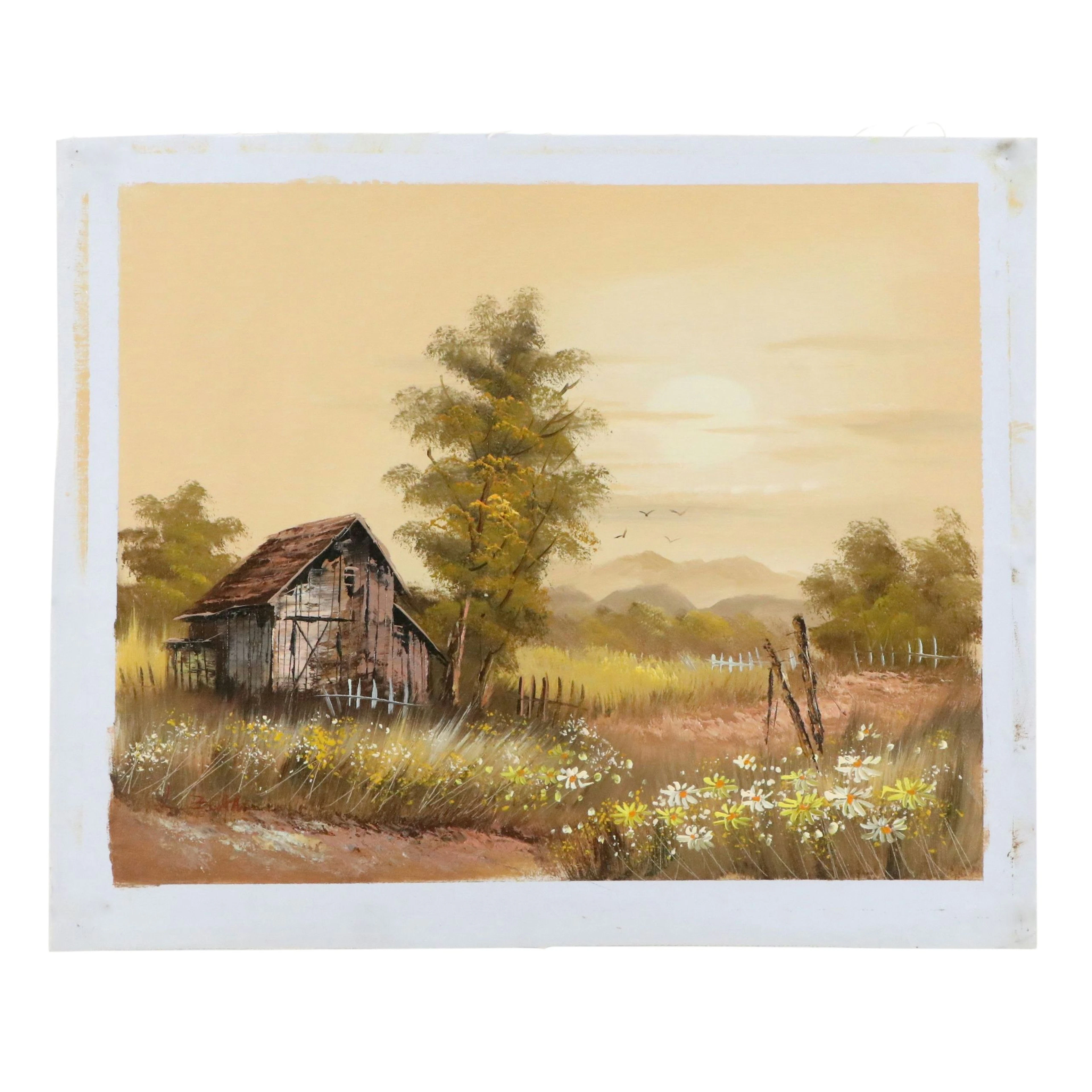 Oil Painting of Rural Landscape with Dilapidated Barn, 20th Century