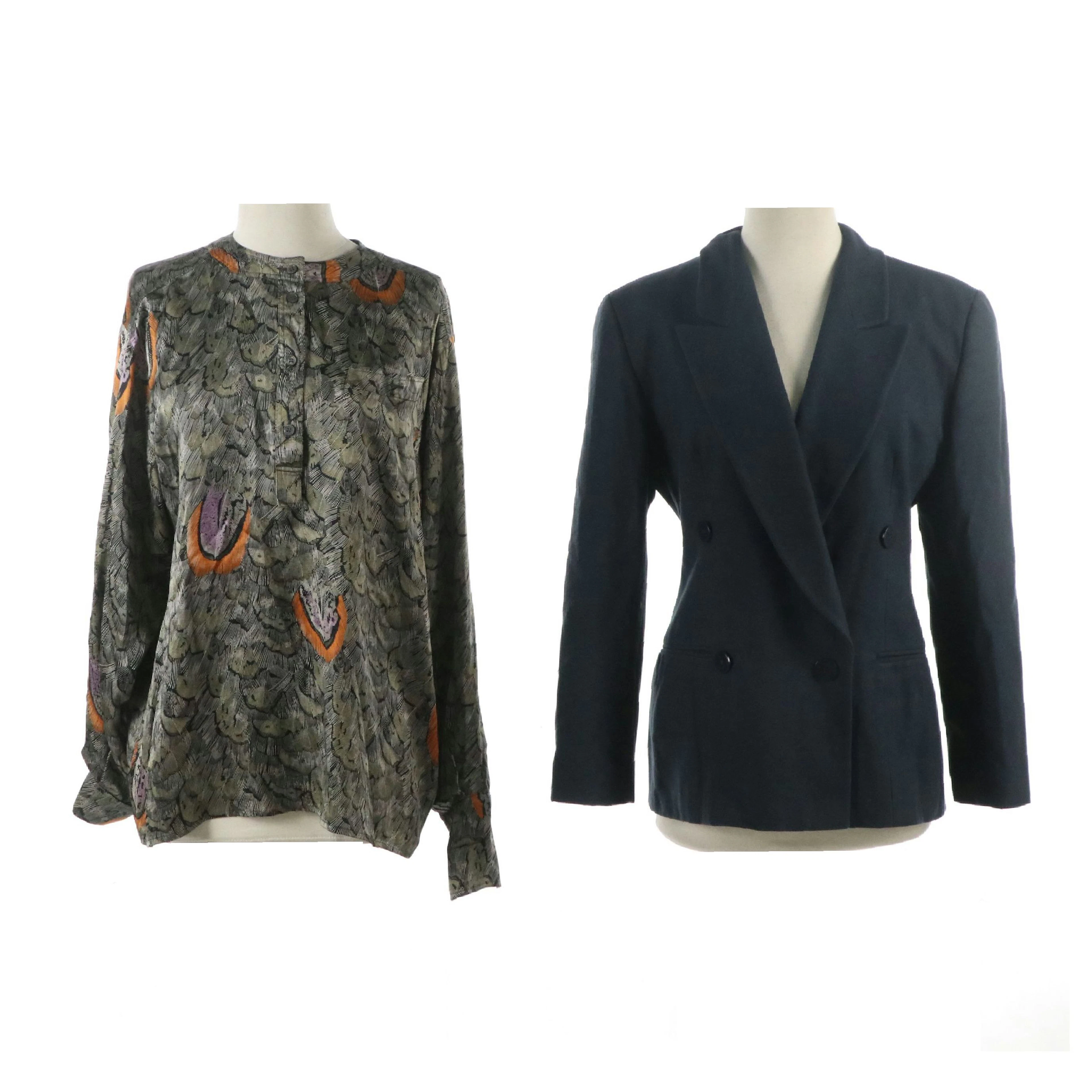 Giorgio Armani Double-Breasted Wool Blazer, Escada Feather Pattern Silk Top
