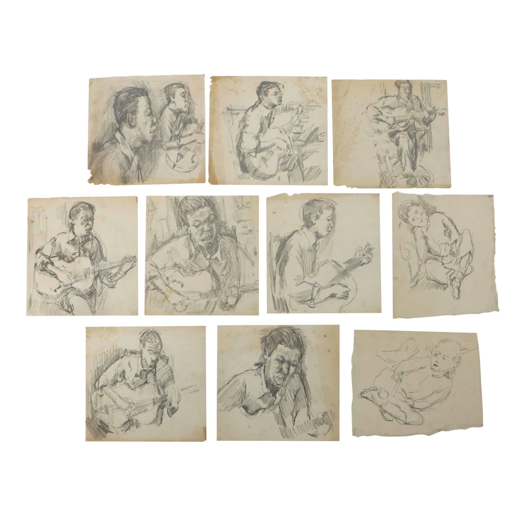 Achille "Achi" Sullo Graphite Drawings of Man Playing Guitar and Child