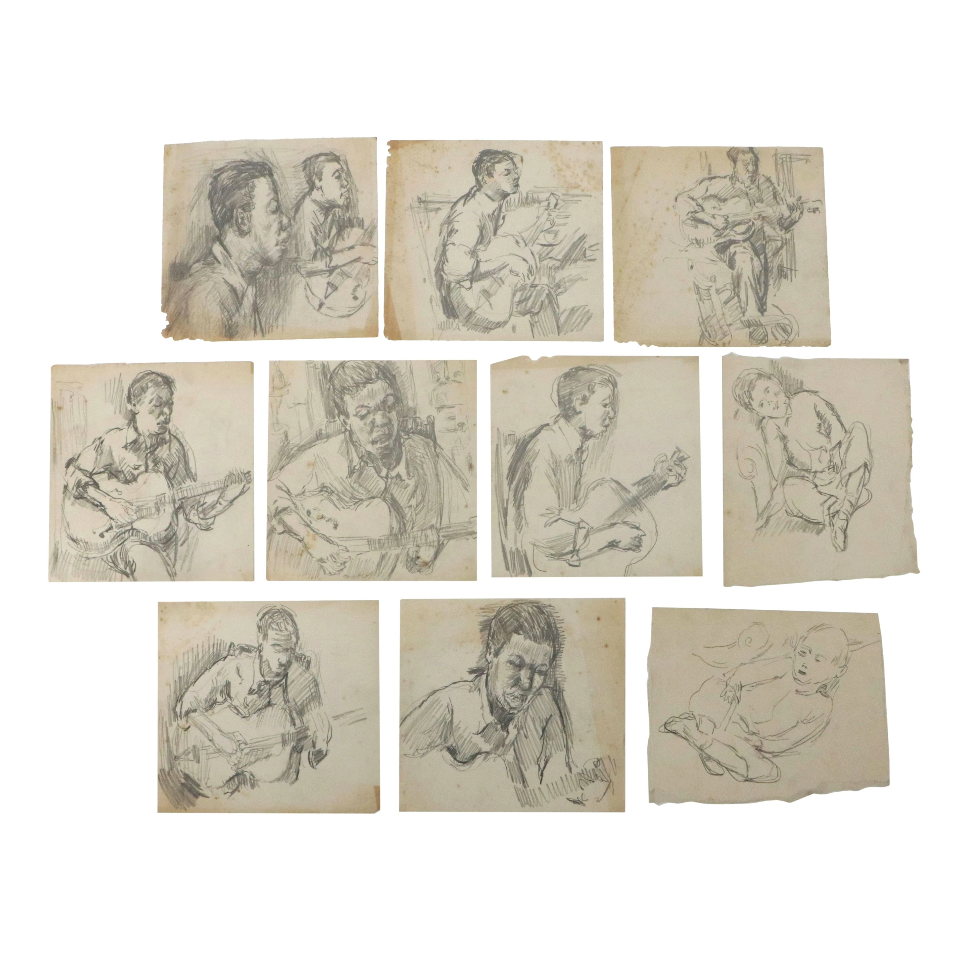 Achille "Achi" Sullo Graphite Drawings of Man Playing Guitar and Child