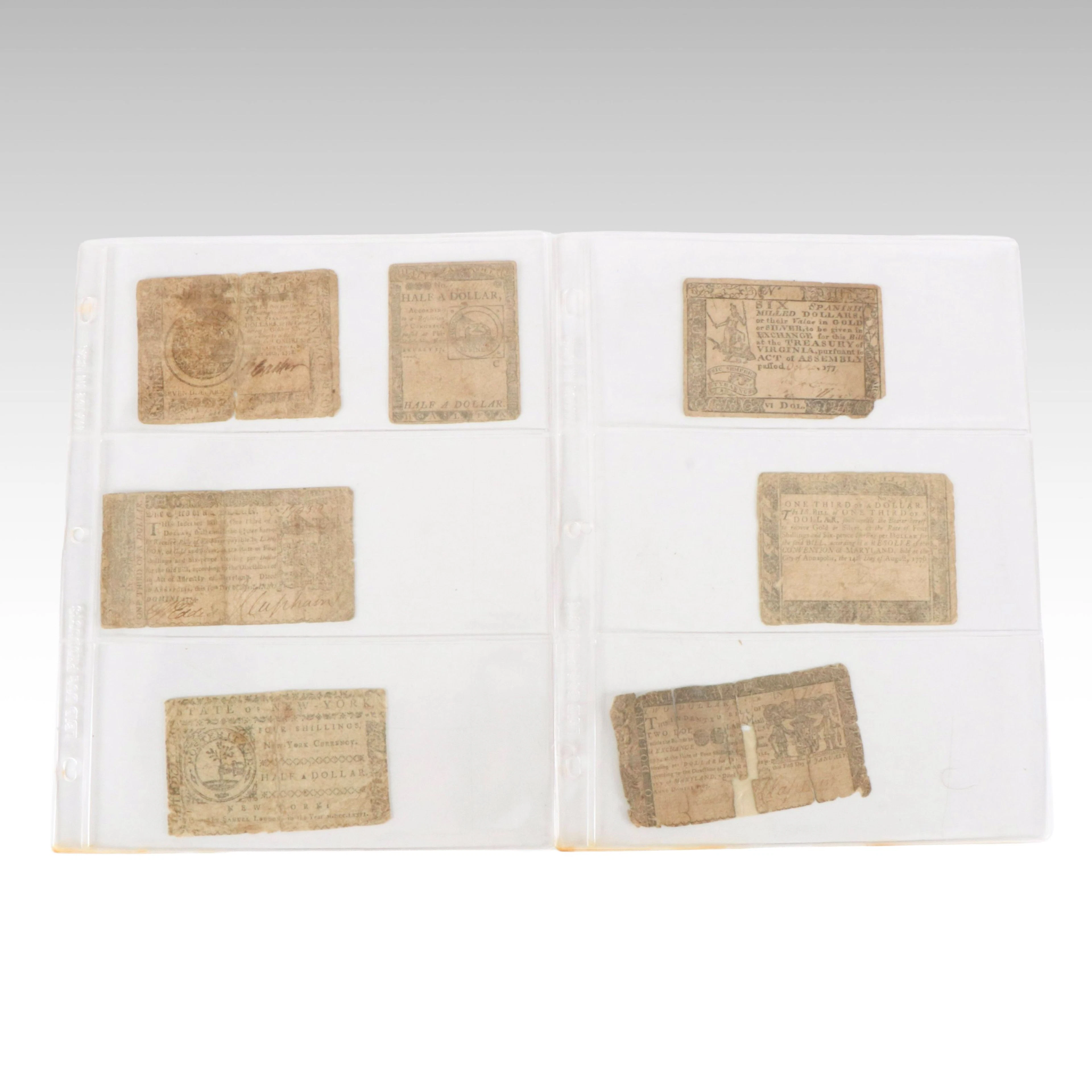 Group of Seven U.S. Colonial Currency Notes, 1767 to 1778