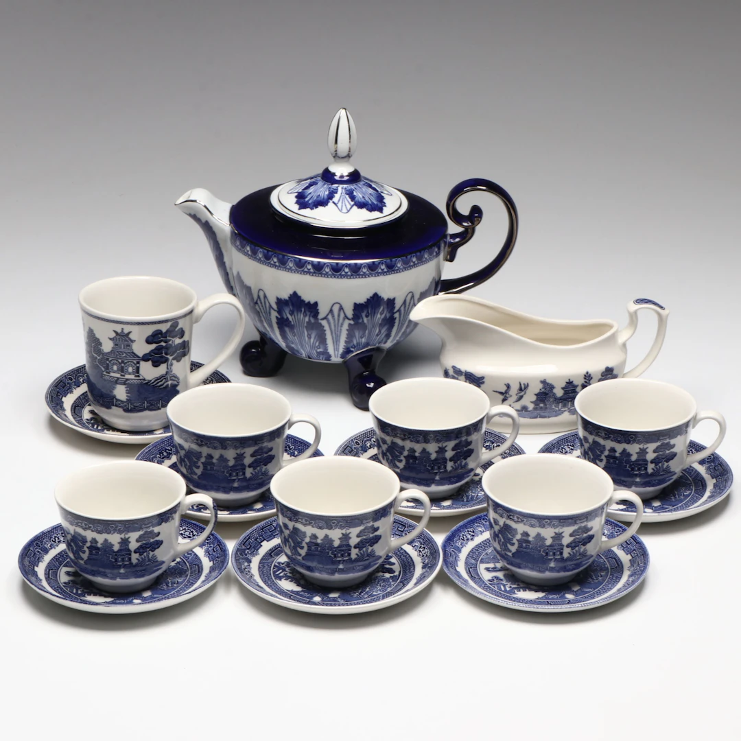 Johnson Bros "Willow Blue" Ceramic Teacup and Saucers with More Tableware