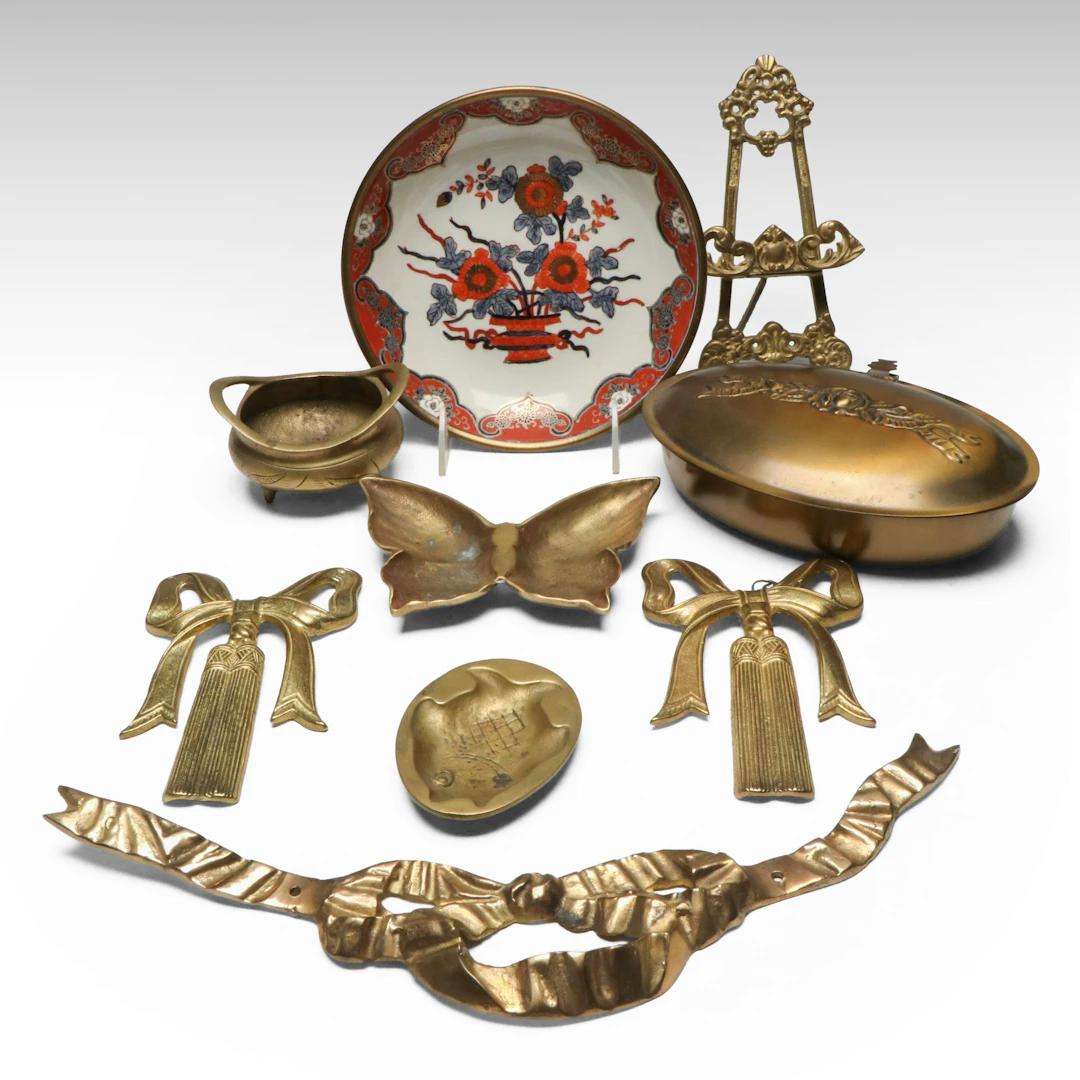 Imari Style Bowl with Easel, Butterfly Dish and More Brass Décor