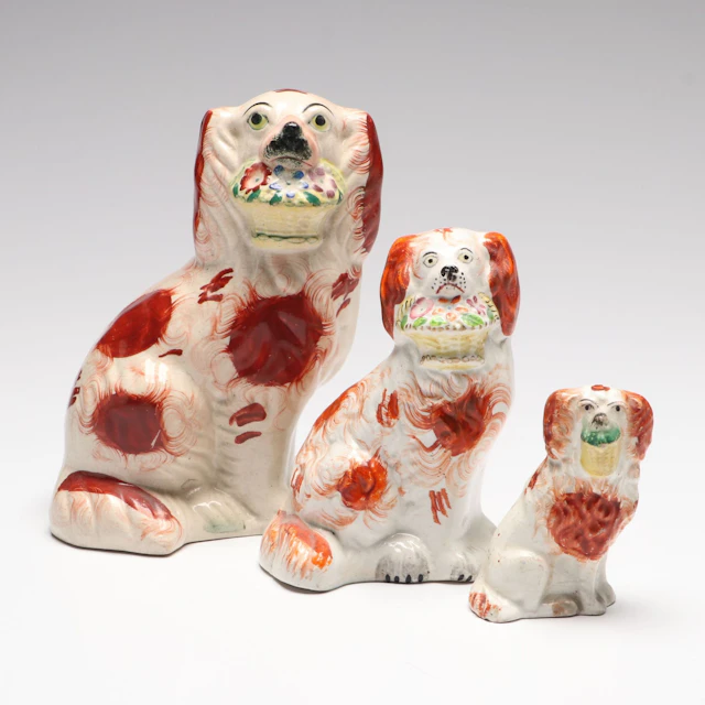 Staffordshire English Flower Basket Spaniels, 19th Century