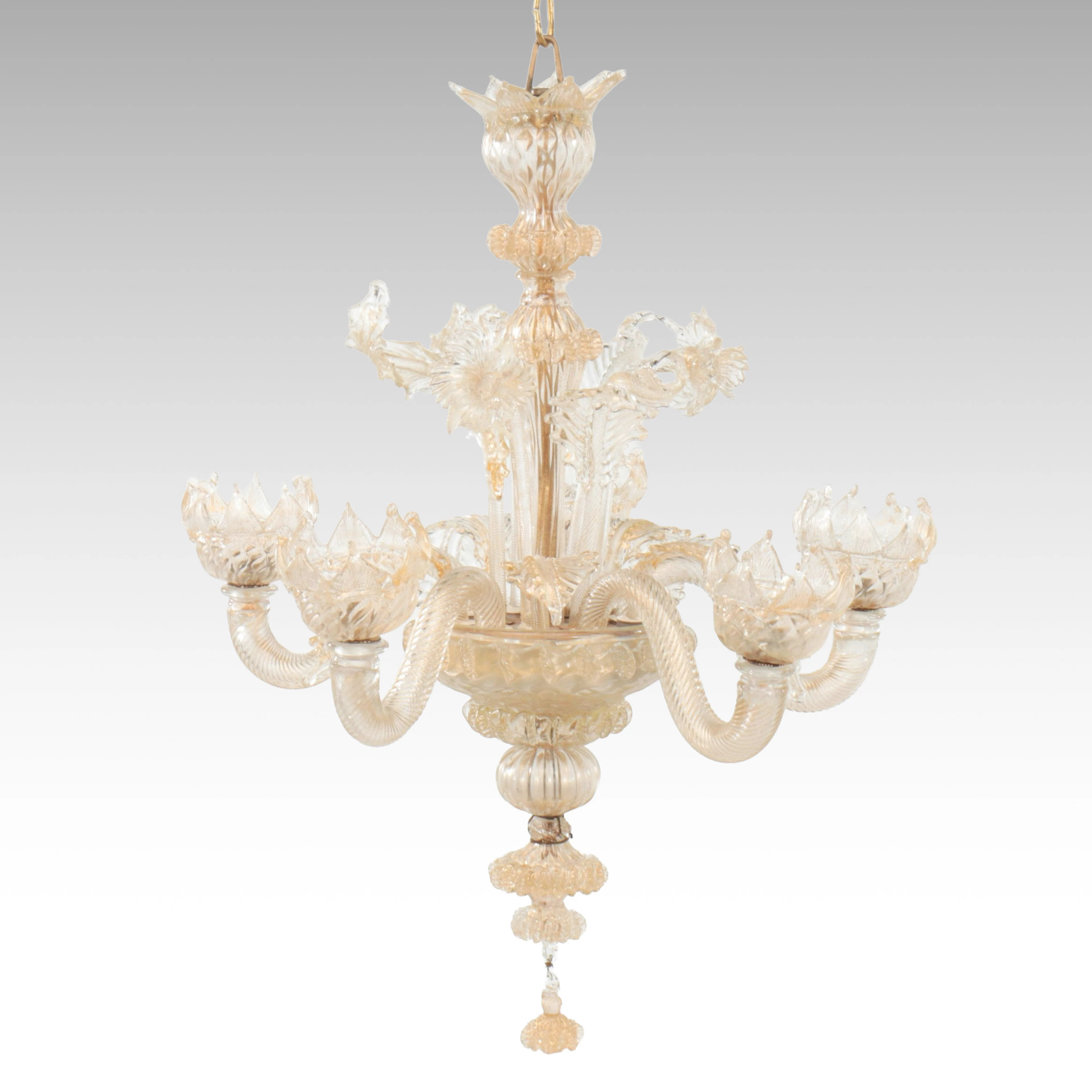 Murano Studio Made Gold Flake and Glass Five-Candle Chandelier