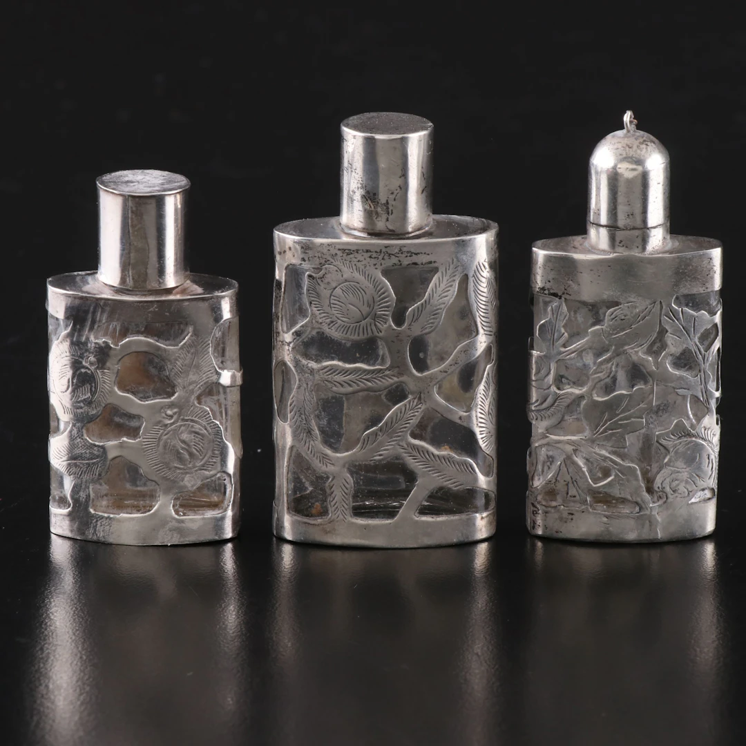 Mexican Floral Sterling Silver Cased Glass Perfume Bottles