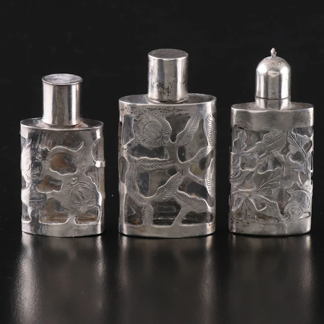 Mexican Floral Sterling Silver Cased Glass Perfume Bottles