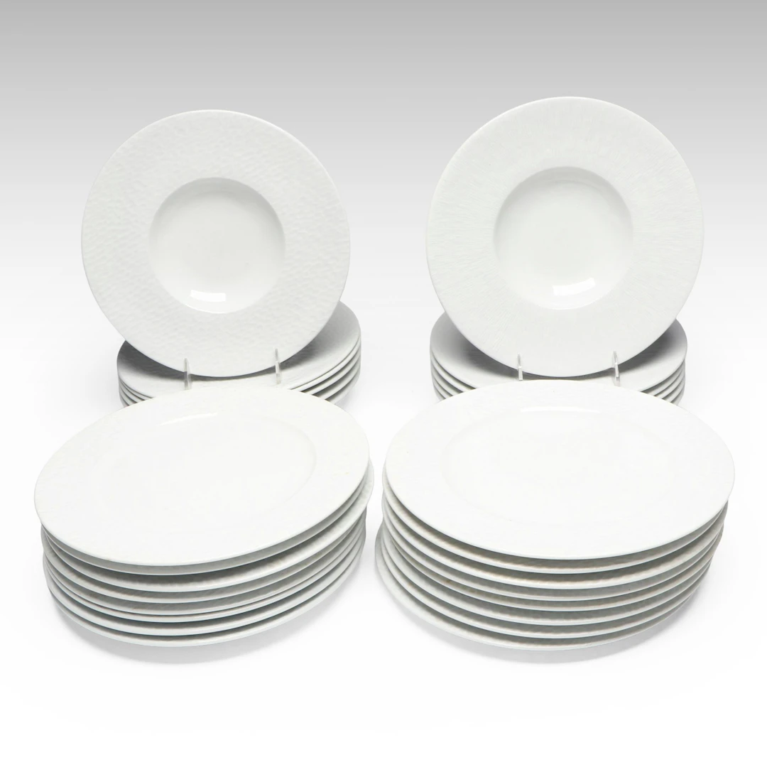 Apilco "Aqua" and "Apicius" Porcelain Dinner Plates and Soup Bowls