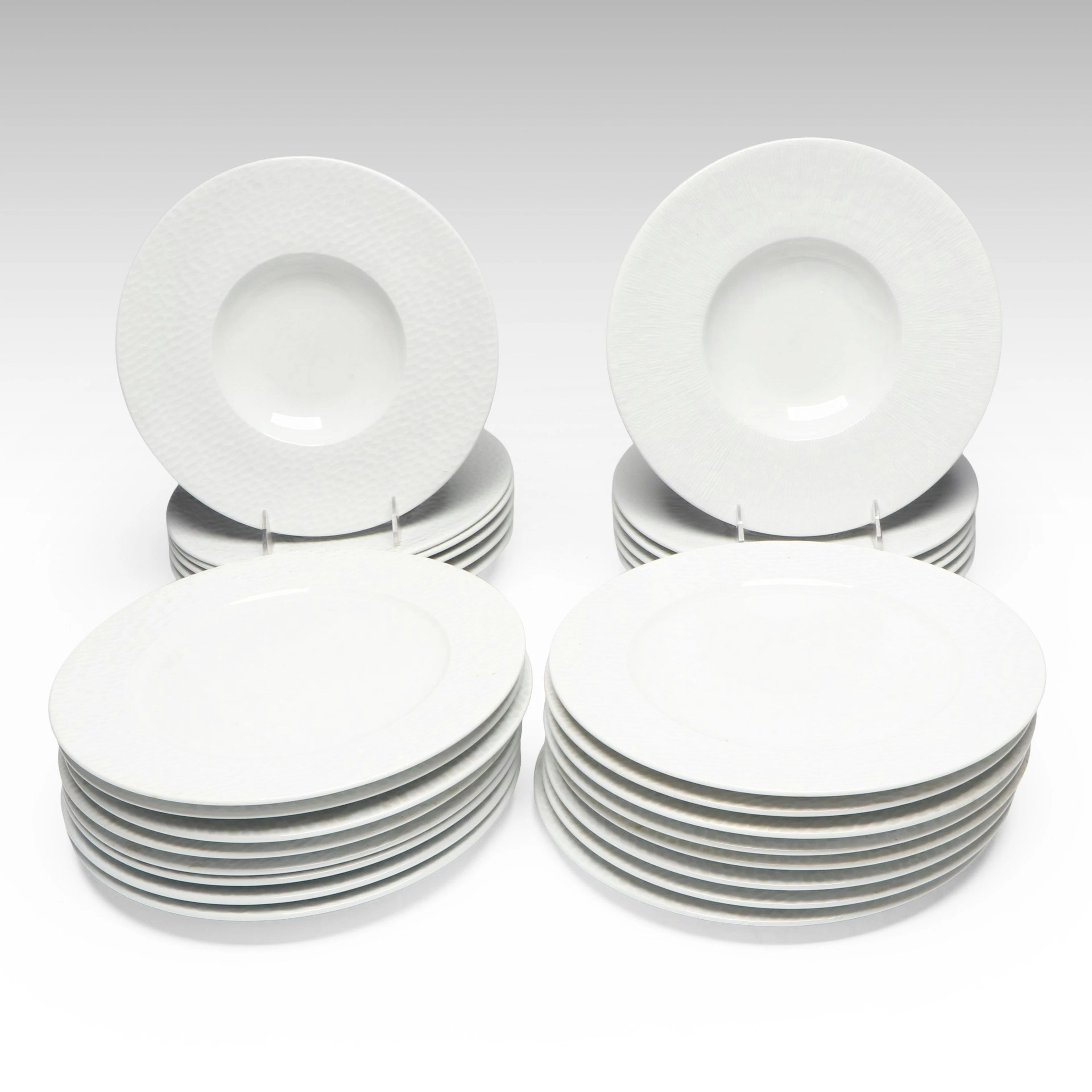 Apilco "Aqua" and "Apicius" Porcelain Dinner Plates and Soup Bowls
