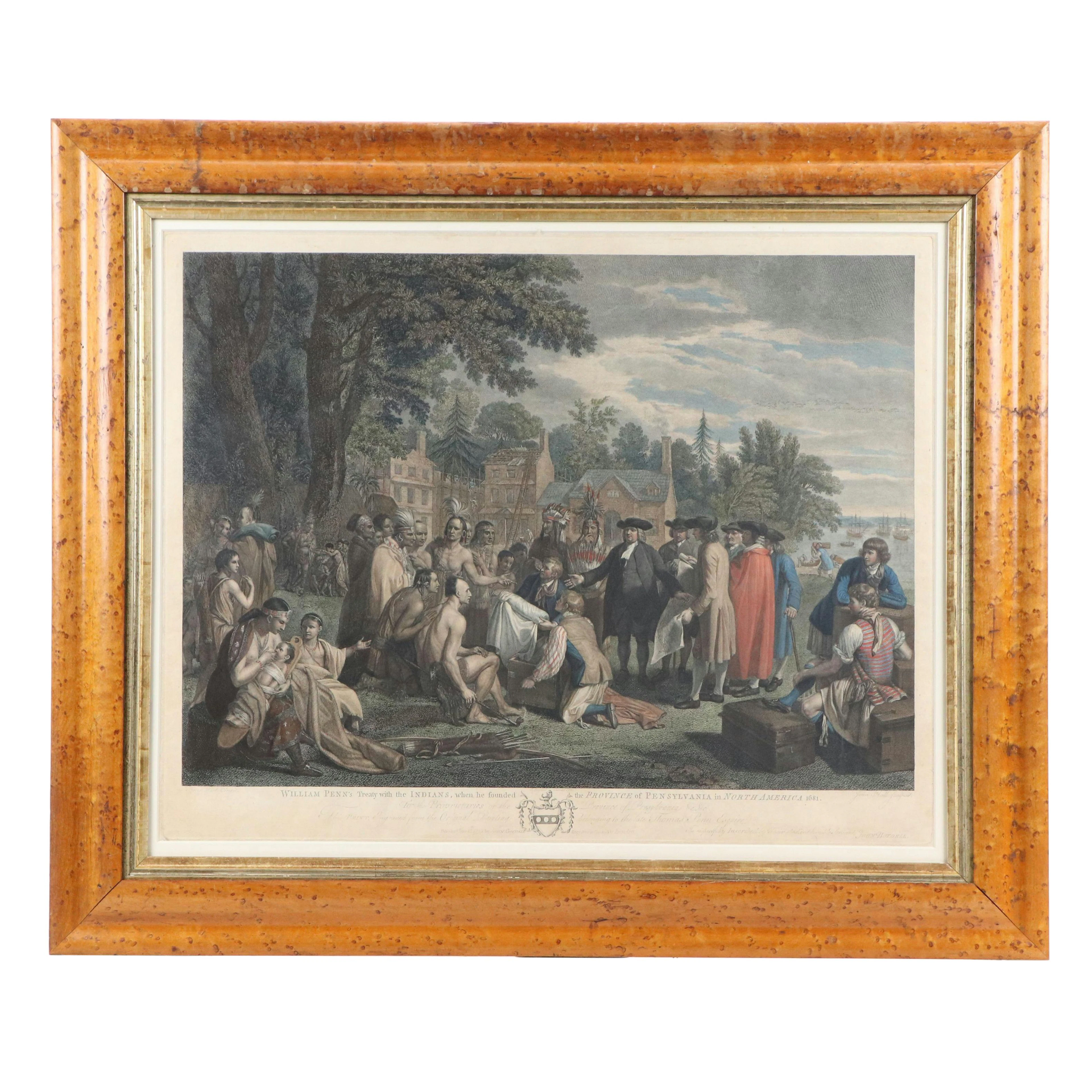 After Benjamin West Hand-Colored Engraving "Penn's Treaty with the Indians"