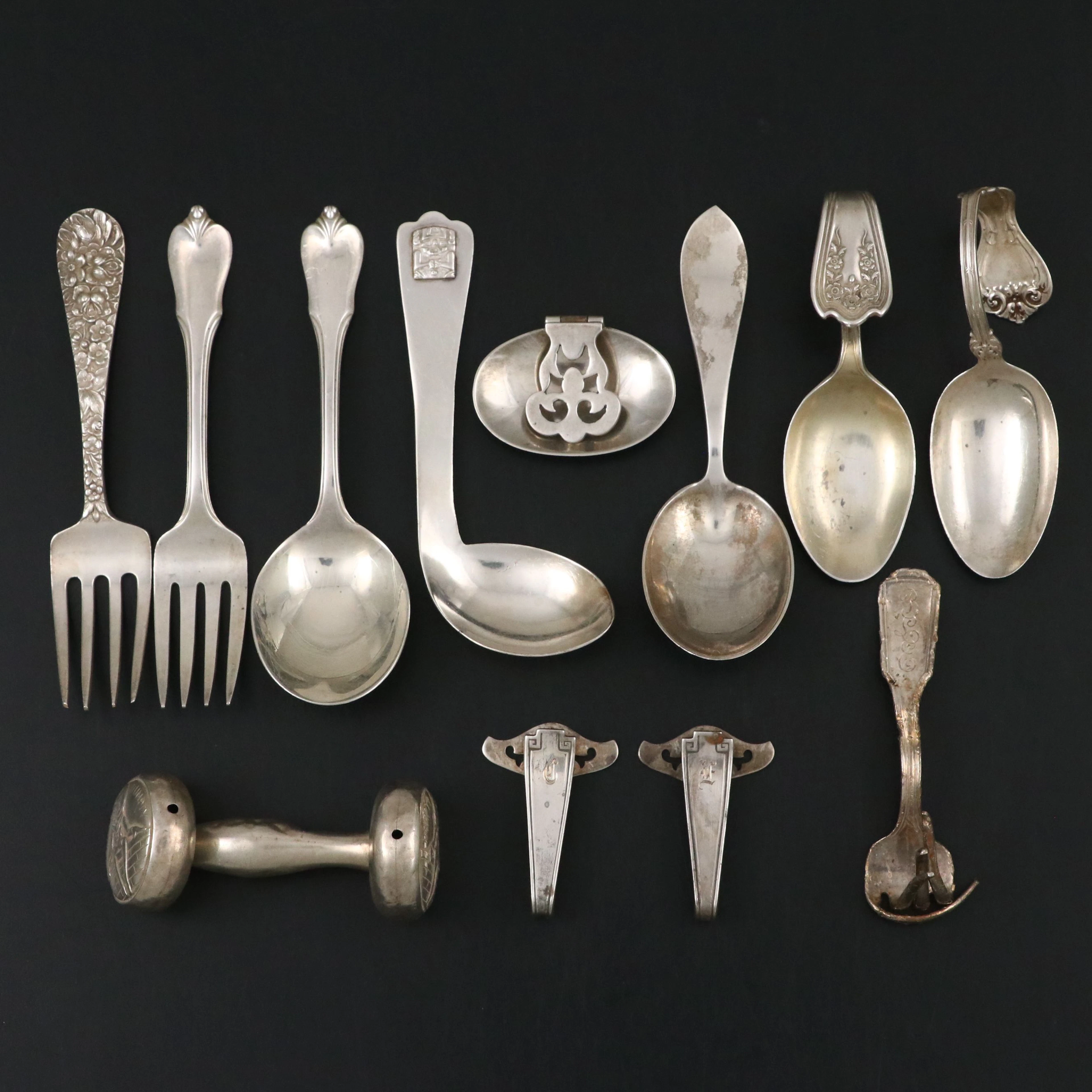 Stieff "Repoussé" Sterling Silver Baby Fork with Other Tableware, Vintage