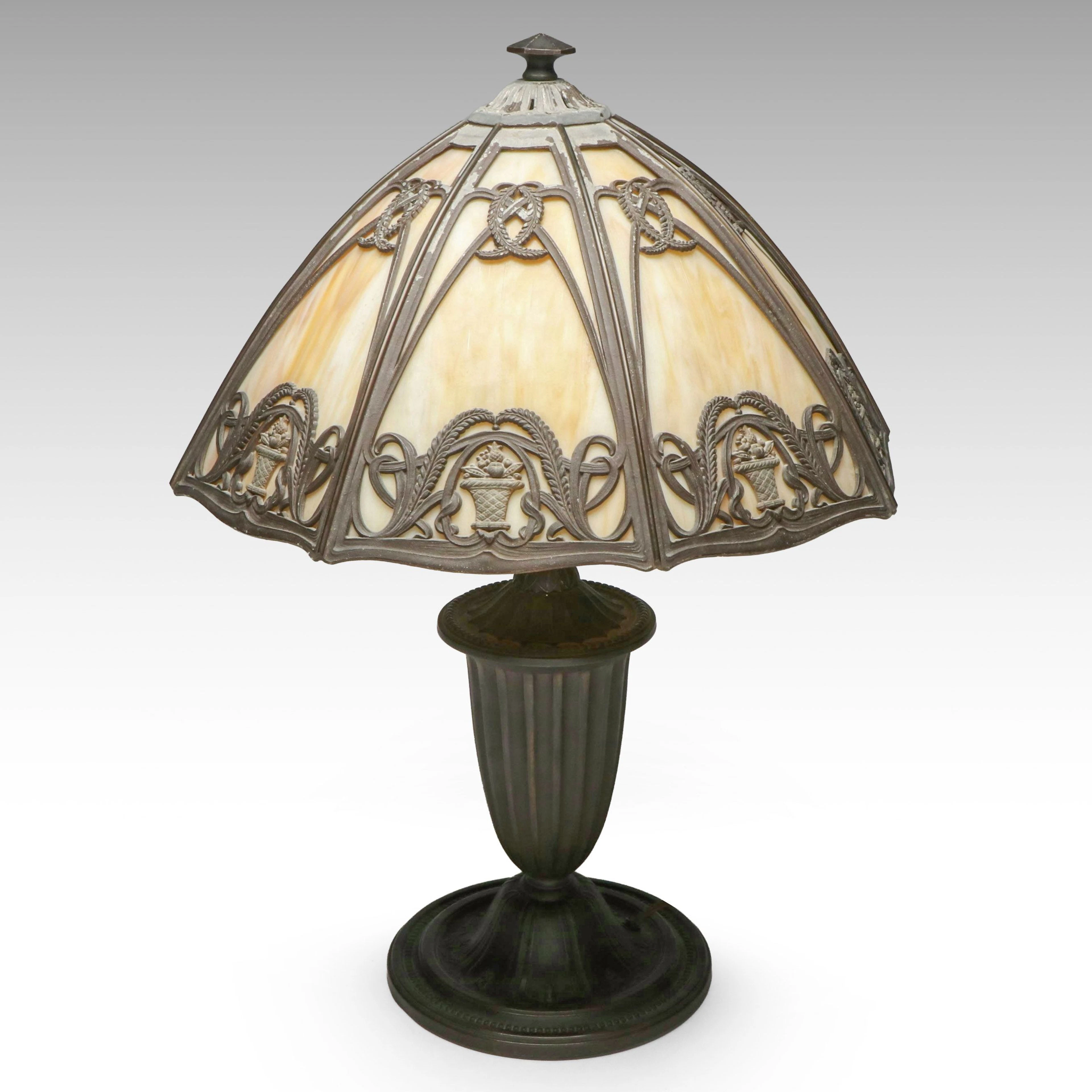 Late Victorian Style Table Lamp with Spelter and Slag Panel Glass Shade