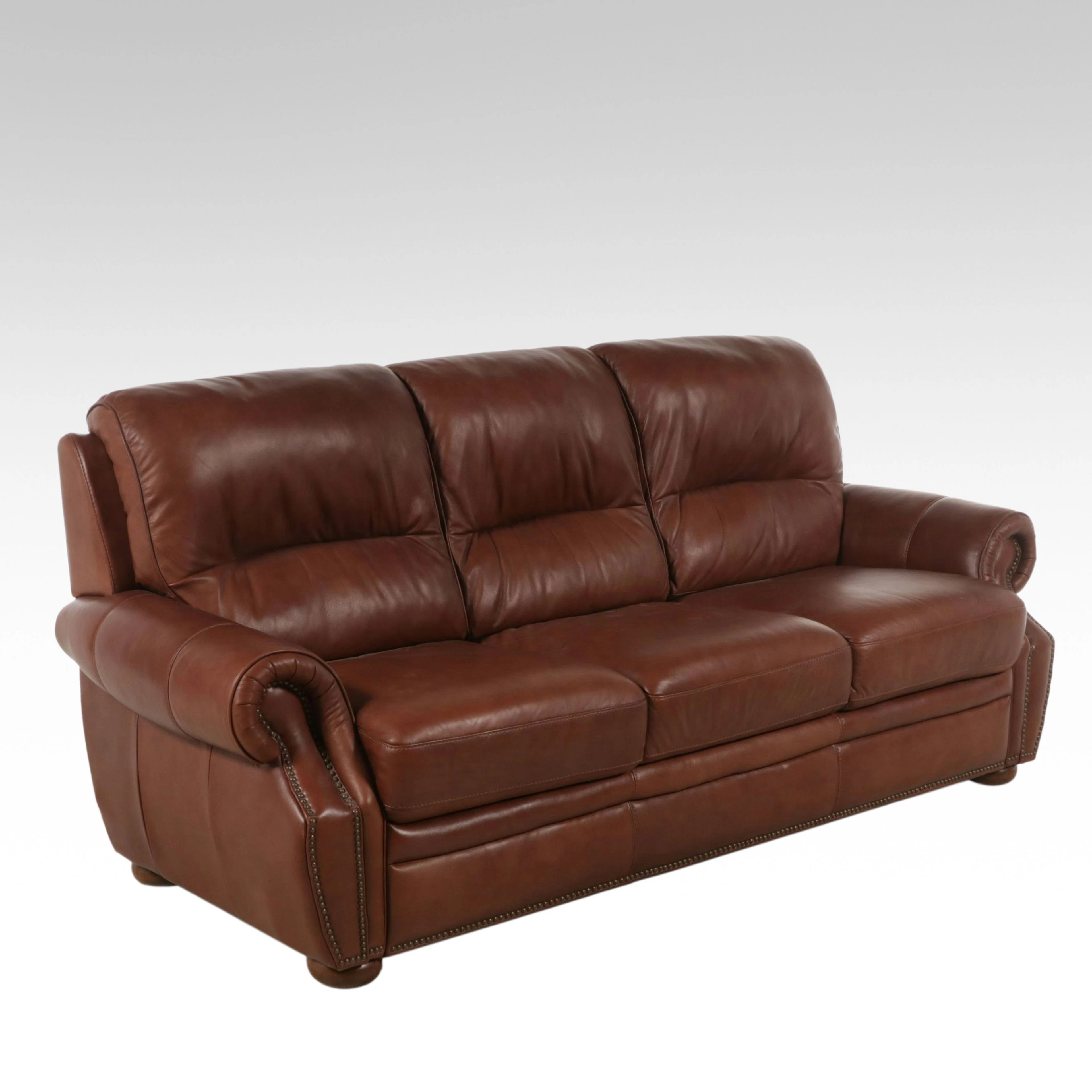 Brown Leather Sofa with Nailhead Trim