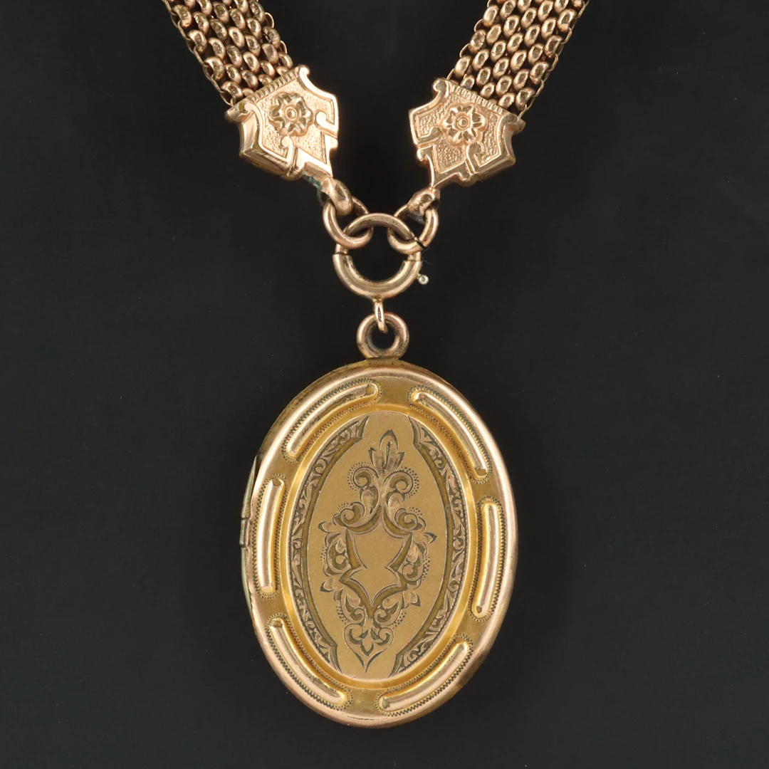 Bliss Bros. Co. Colonial Dame Engraved Locket Necklace
