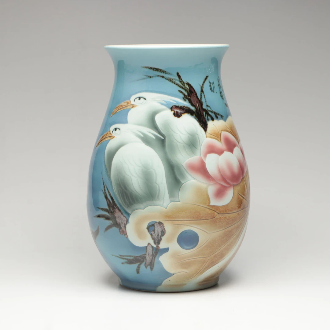 Chinese Porcelain Yuhuchunping Vase with Lotus and Cranes, 20th Century