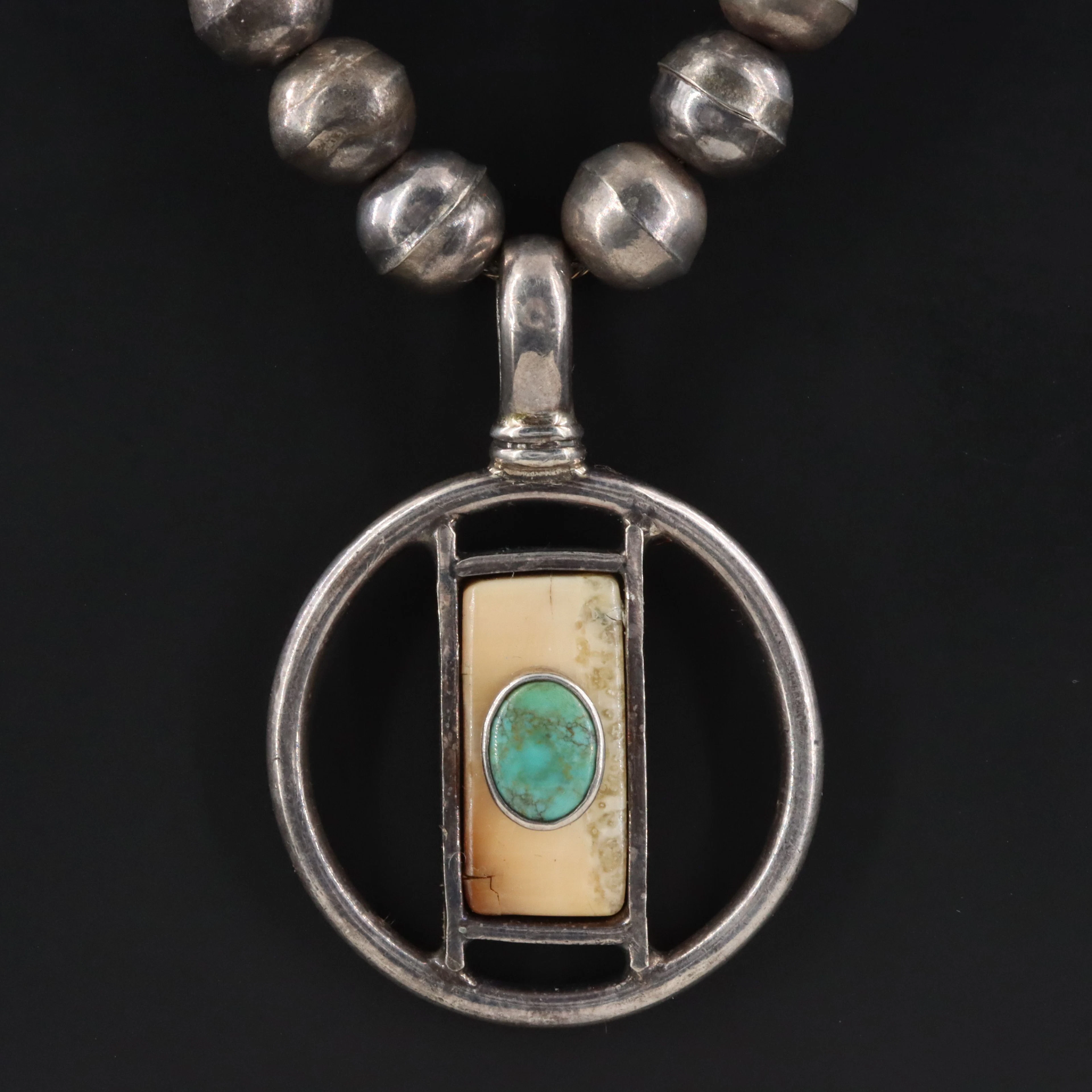 Edward Lawrence Sterling Fossil Walrus Tusk and Turquoise Necklace