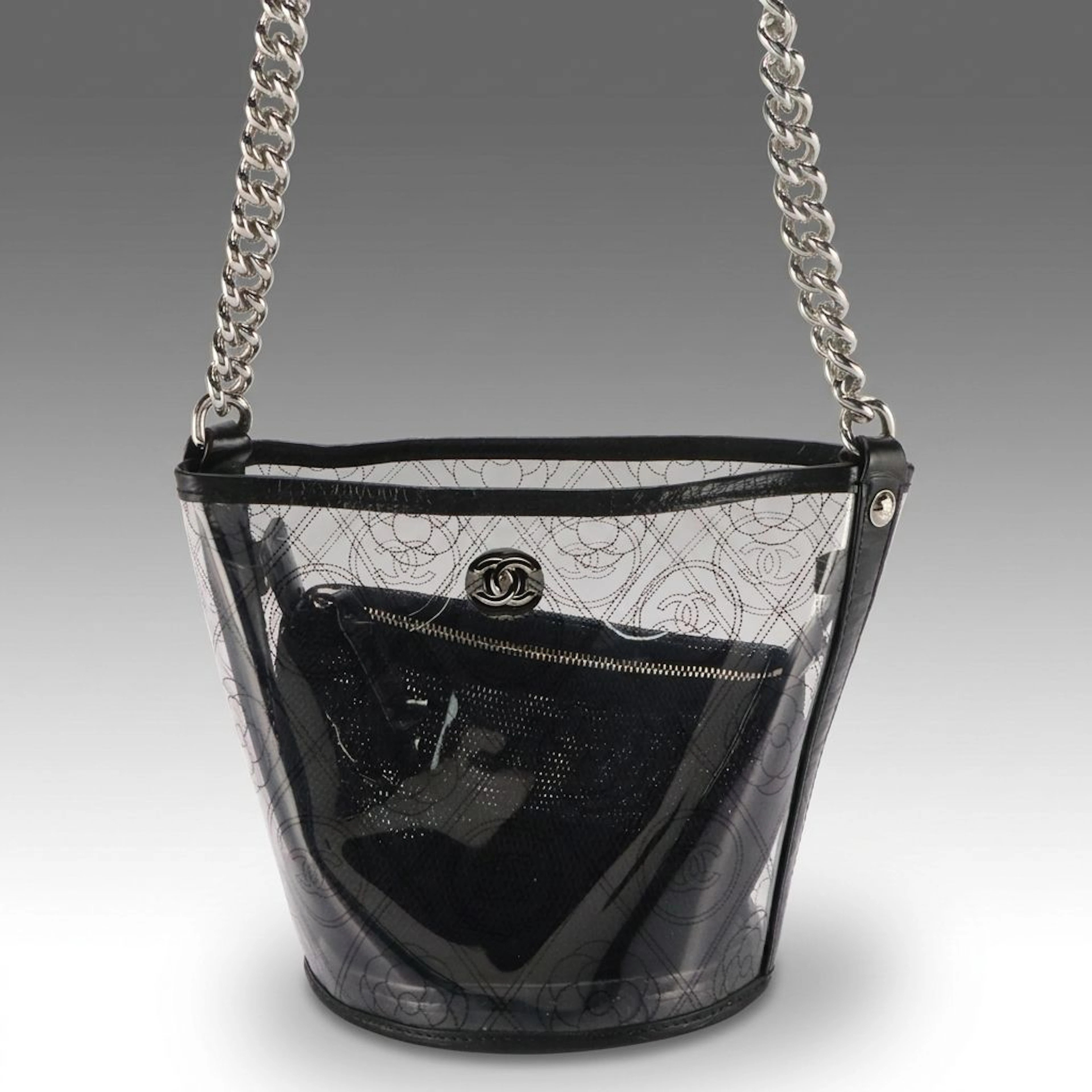 Chanel Camellia Cc Print PVC and Black Crumpled Calfskin Coco Bucket Bag