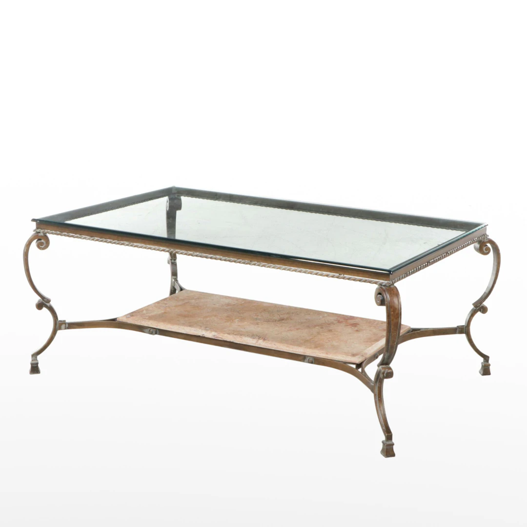 French Style Scrolled Metal Two-Tier Glass Top Coffee Table