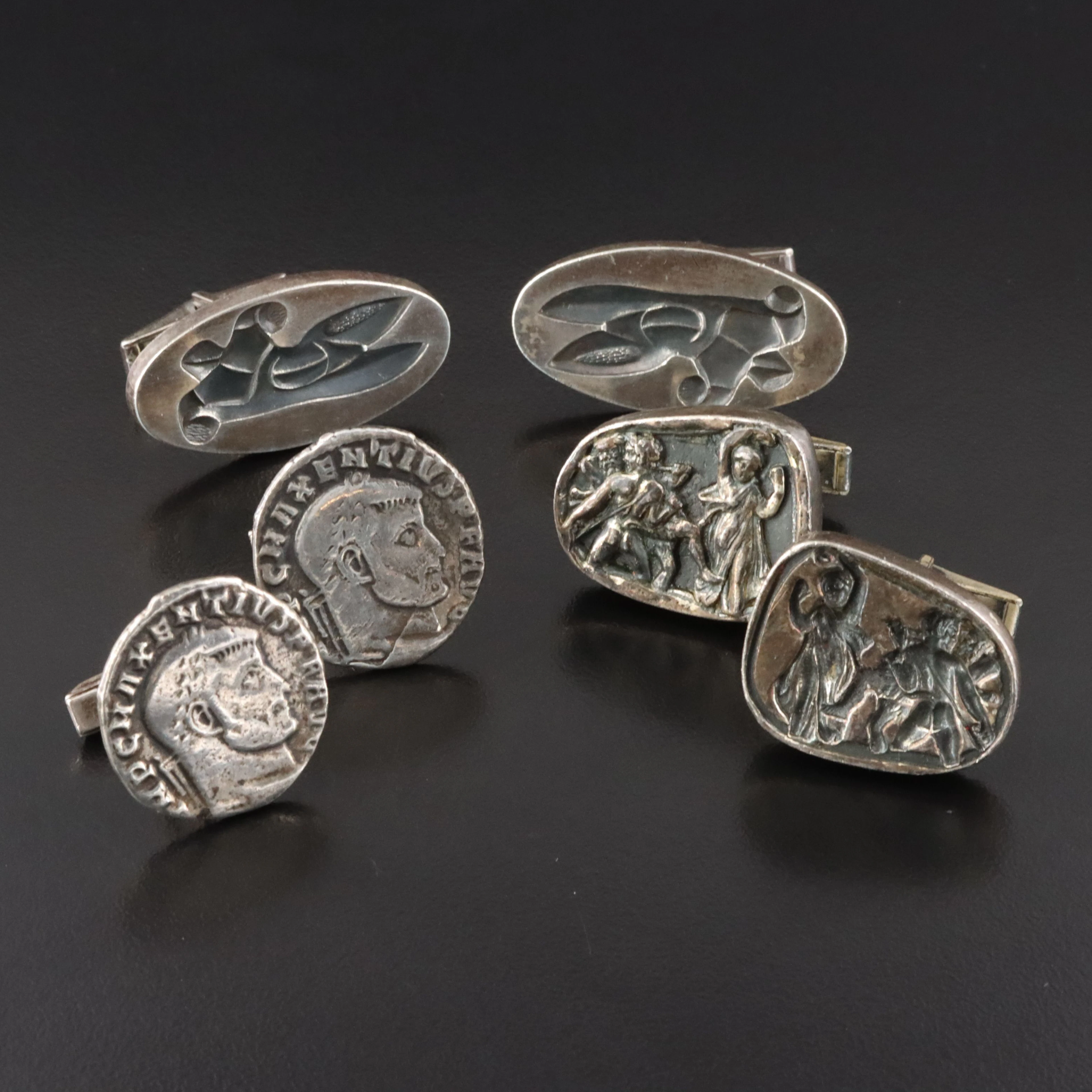 Greco-Roman Themed Cufflinks with Sterling & Replica Ancient Roman Follis Coins