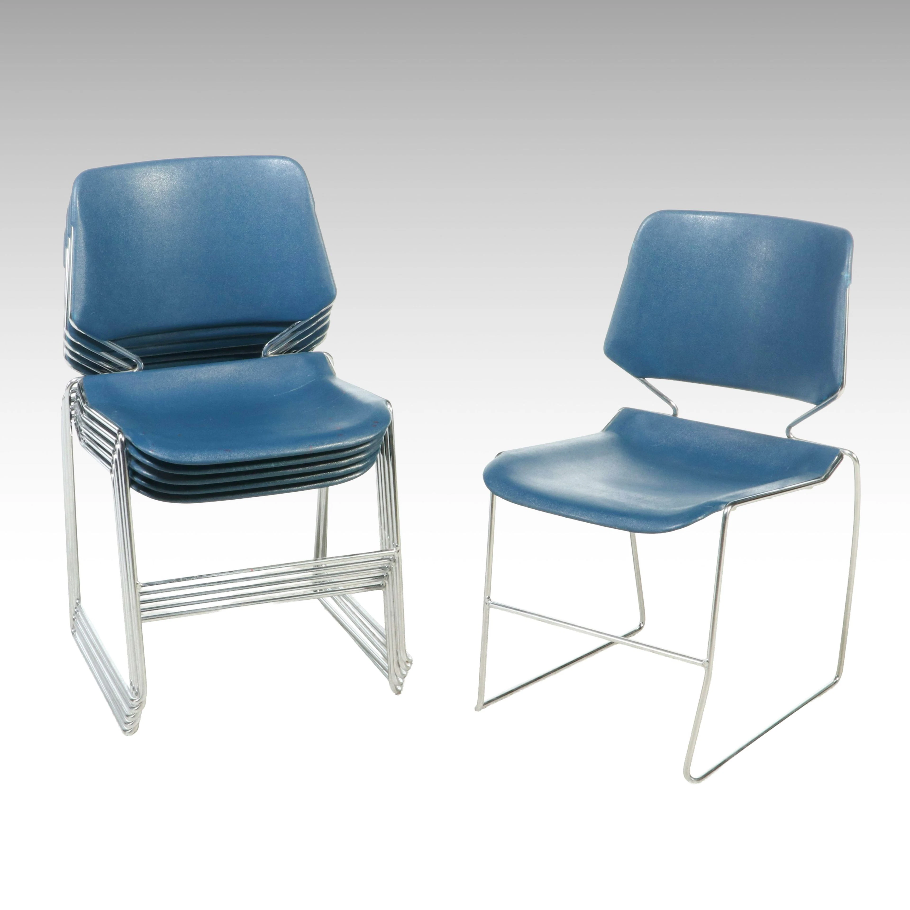 David Rowland for General Fireproofing Co. 40/4 Blue Vinyl Stacking Chairs