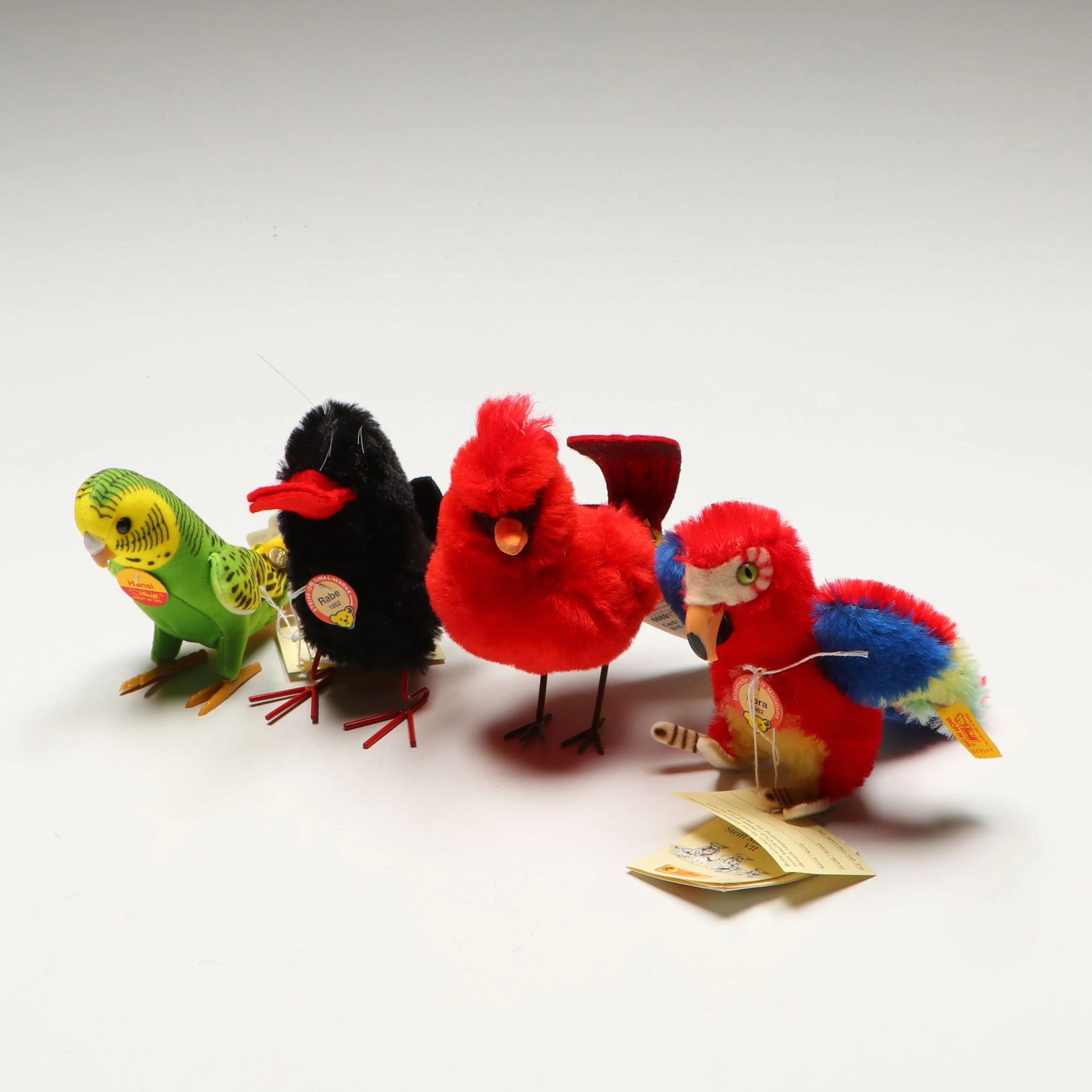 Steiff "Lora," "Hansi," "Rabe" and "Cardinal" Stuffed Bird Toys