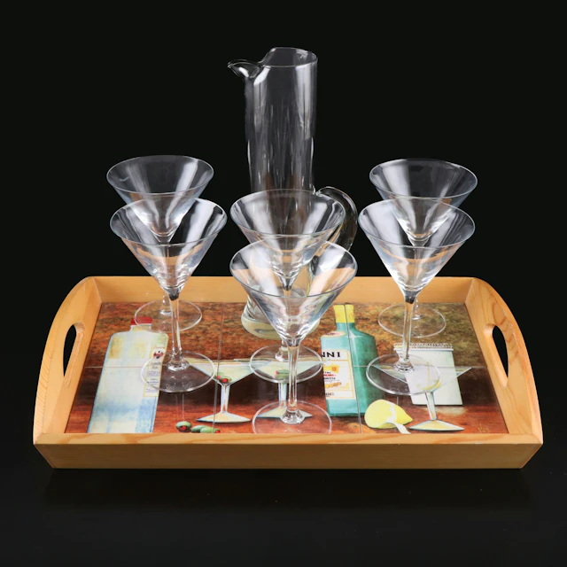 Mid Century Modern Glass Pitcher, Martini Glasses and Tray